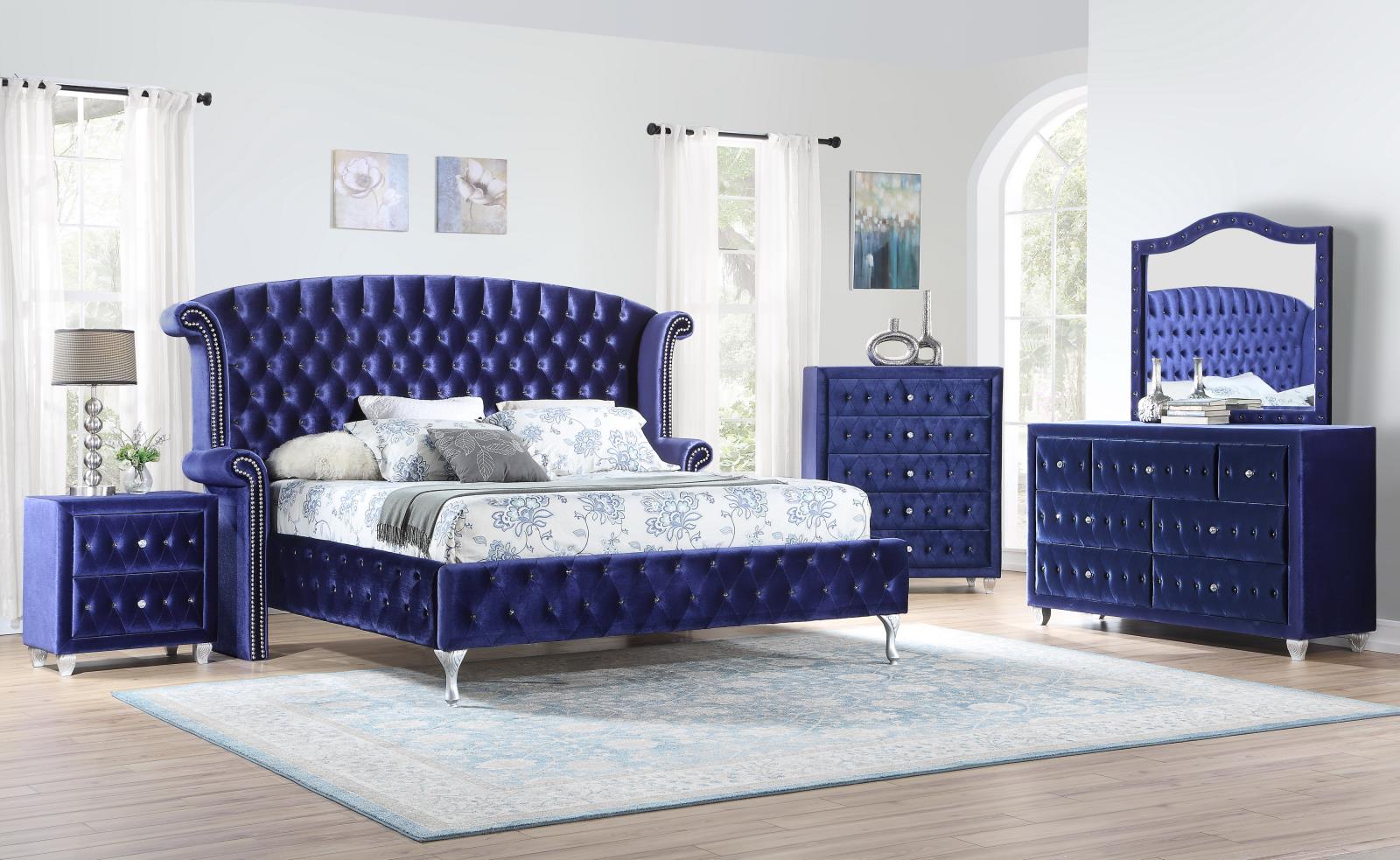 Blue Velvet Queen Bed (B039)