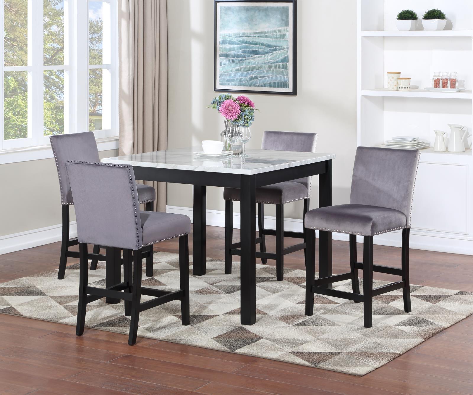 White Marble Dining Table with 4 Gray Velvet Chairs (D205)