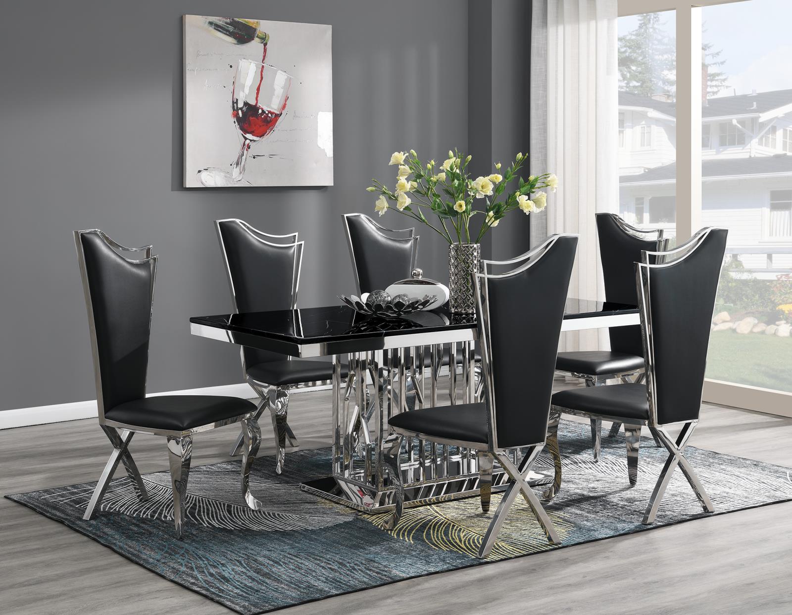 Dining Table (Black Marble) & 6 Black Leather Chairs (G-081) — view 2