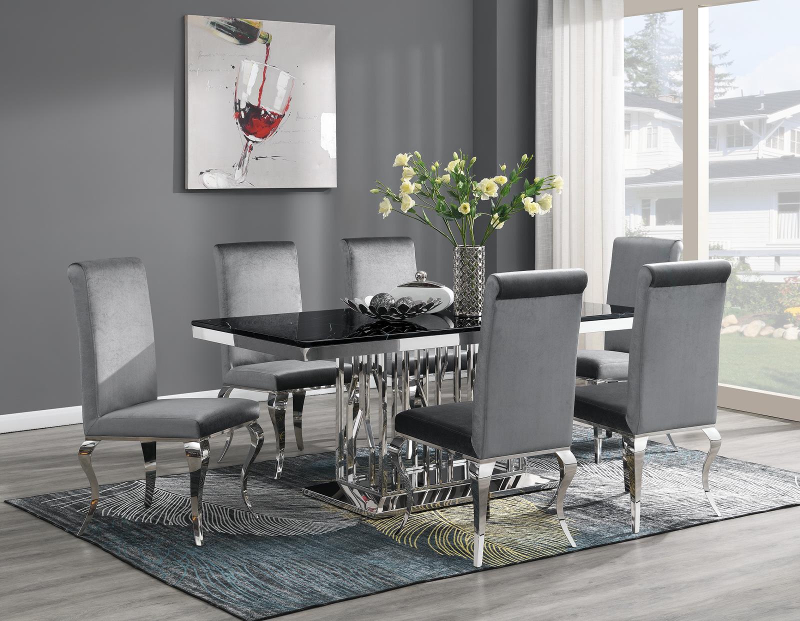 Dining Table (Black Marble) & 6 Gray Velvet Chairs (G-081) — view 2