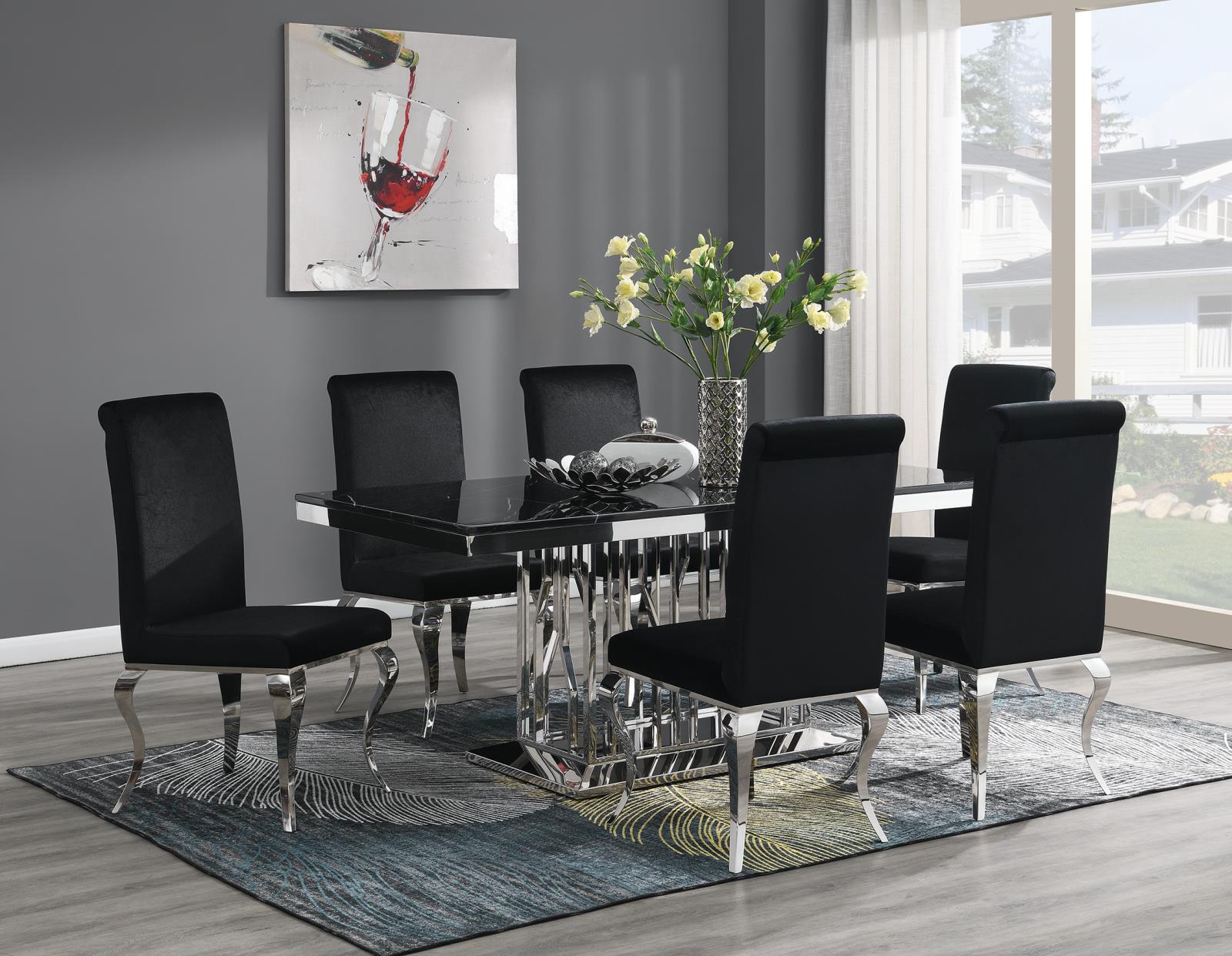 Dining Table (Black Marble) & 6 Black Velvet Chairs (G-081) — view 2