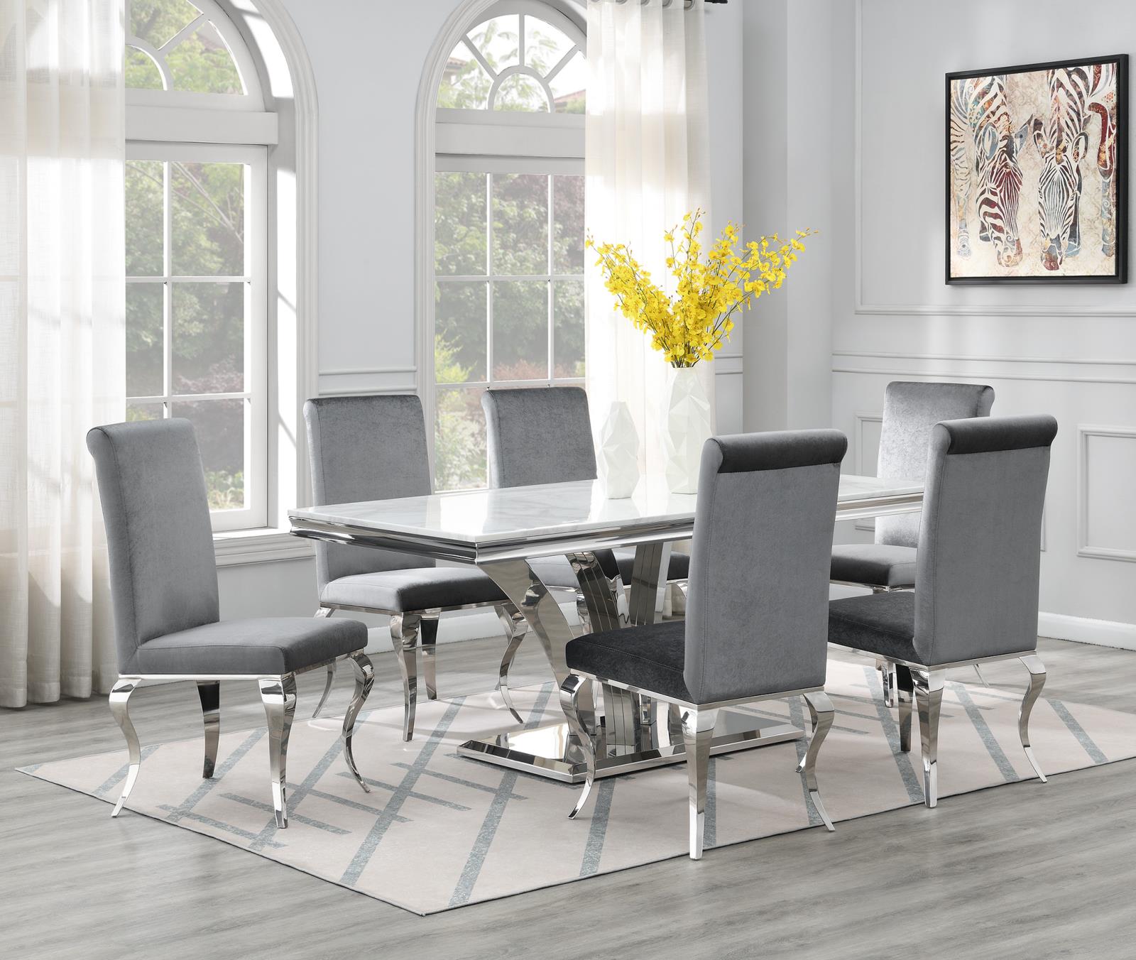 Dining Table (White Marble) & 6 Gray Velvet Chairs (G-083) — view 2