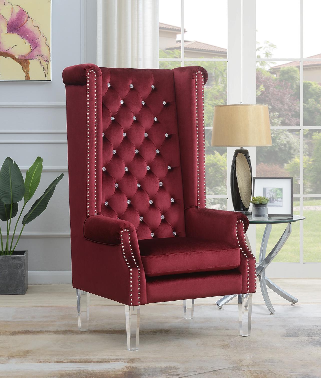 High Back Burgundy Velvet Wing Chair with Acrylic Legs (D2090)