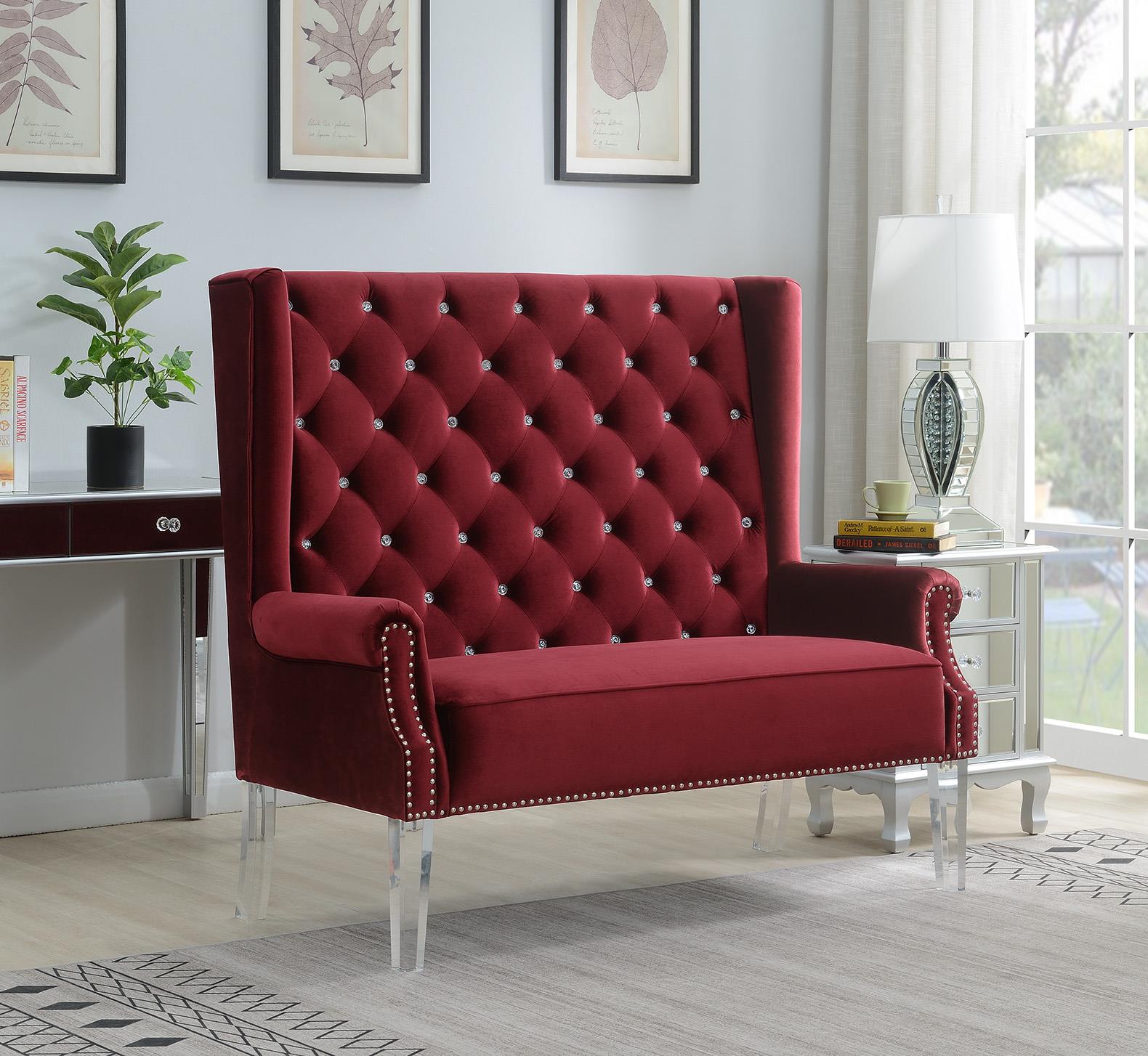 High Back Burgundy Velvet Wing Bench with Acrylic Legs (D2095)