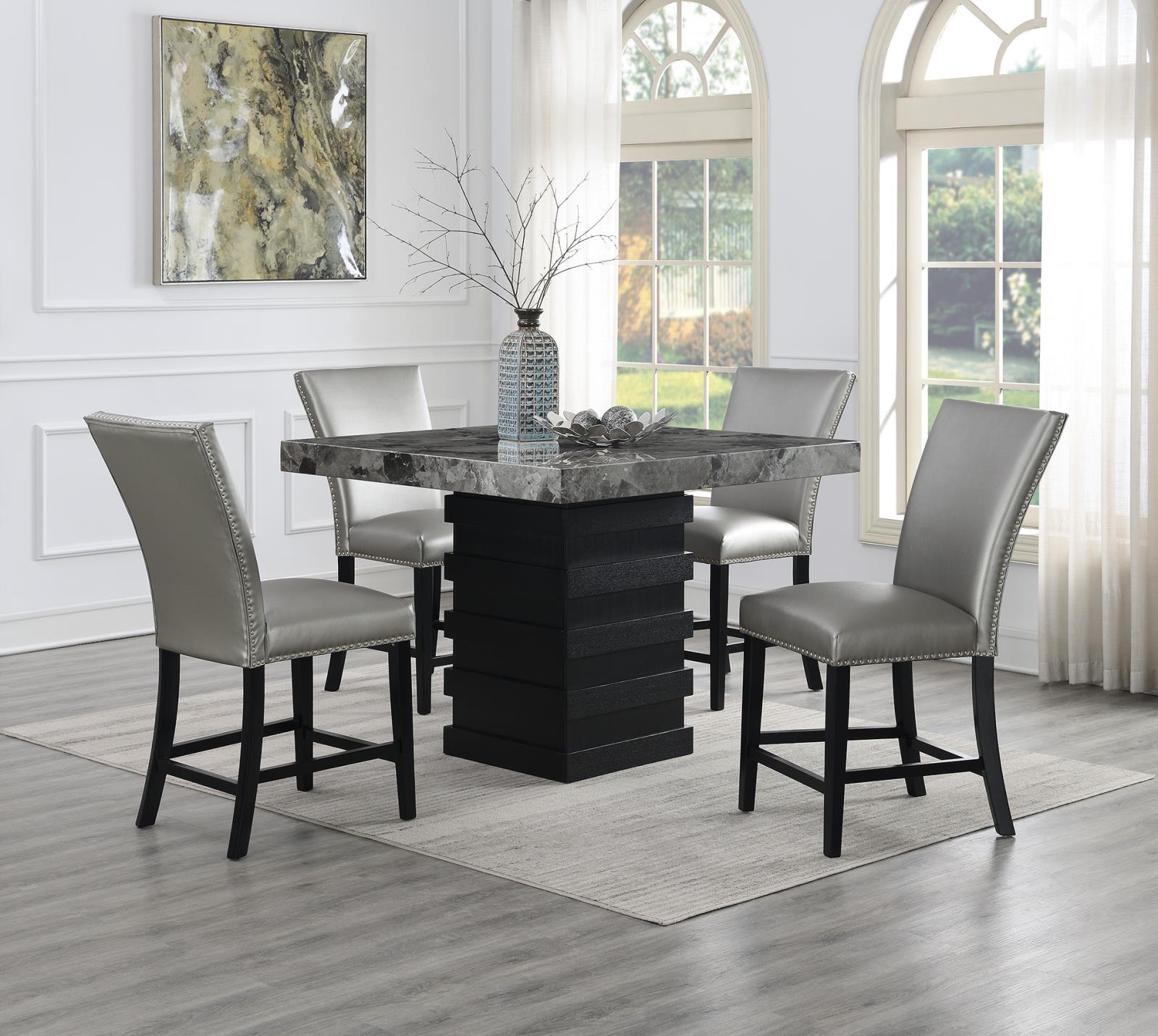 Counter Table & 4 Silver Leather Chairs (D136) — view 2