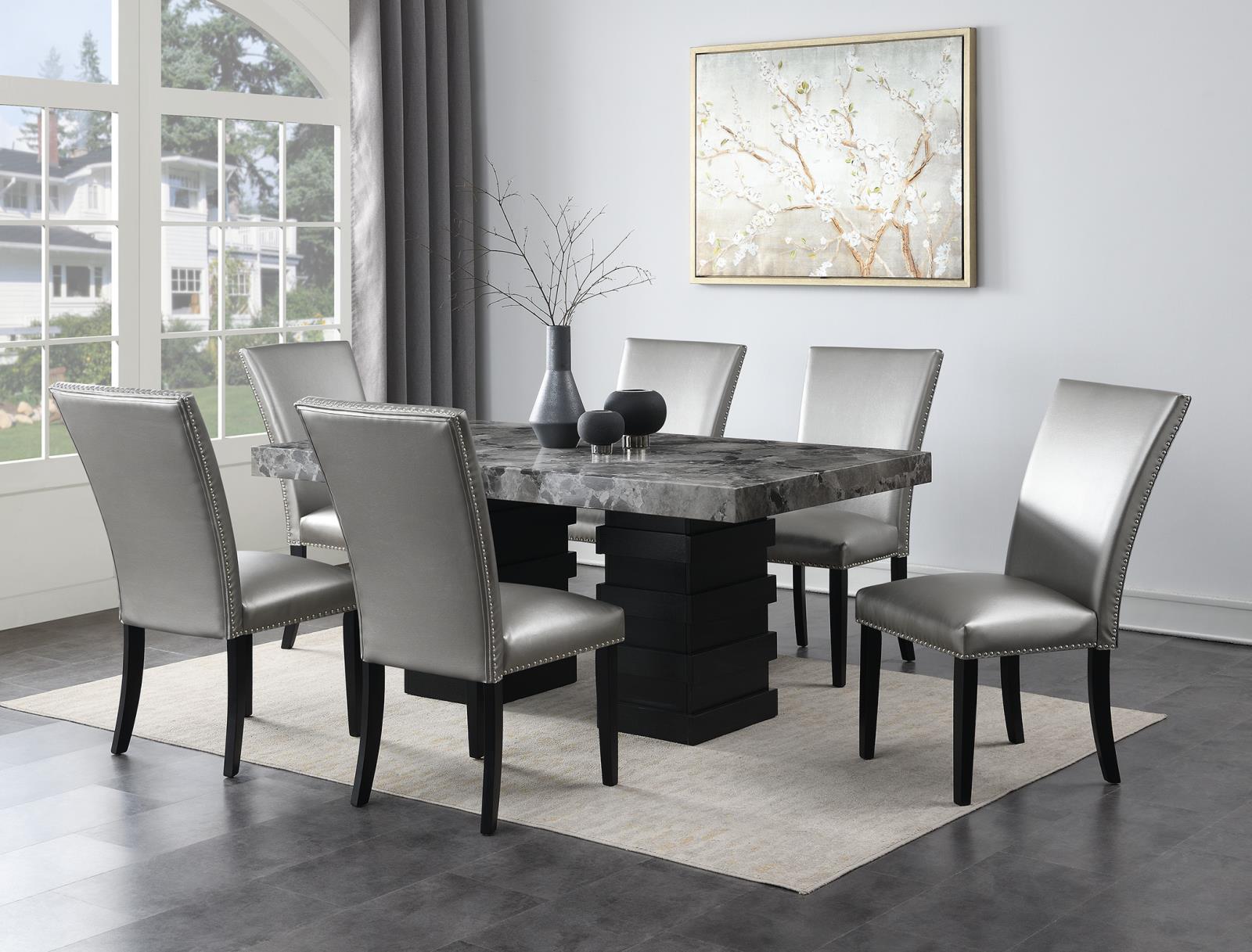 Dining Table & 6 Silver Leather Chairs (D137) — view 2