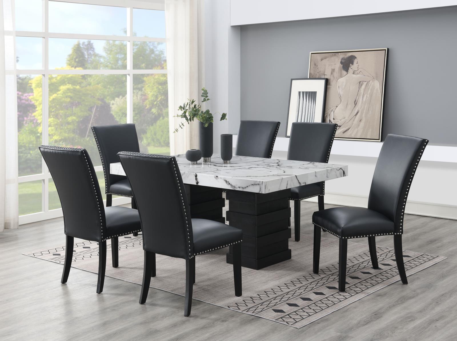 Dining Table & 6 Black Leather Chairs (D139) — view 2