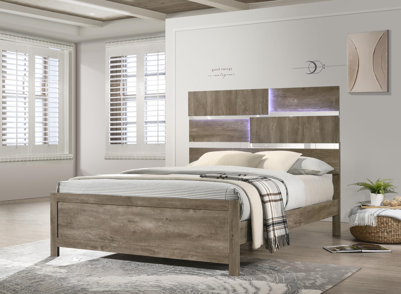 Weathered Oak LED Queen Bed (B348)