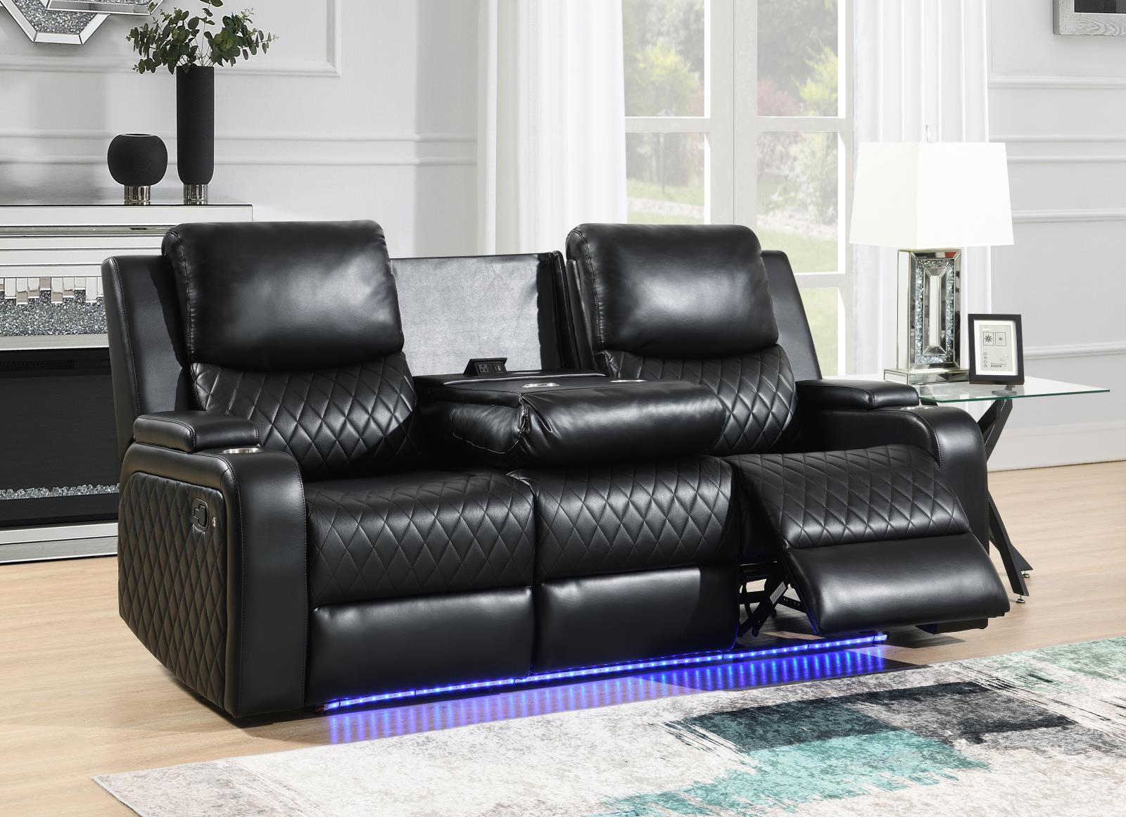 Black LED Motion Sofa with Drop-Down Table (U126)