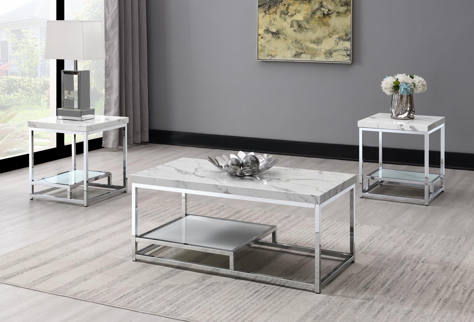 Chrome Coffee Table & 2 End Tables (T111)