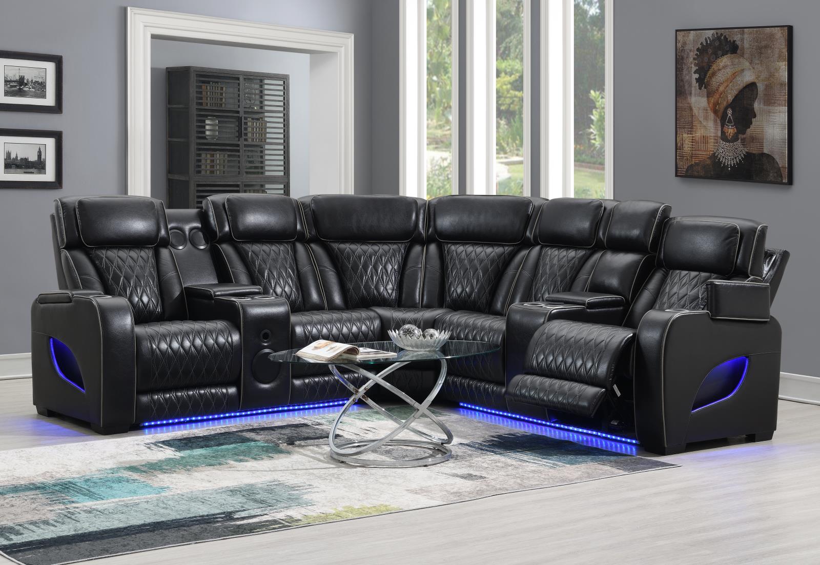 Black 3-Piece Power LED Sectional (U10) — view 2
