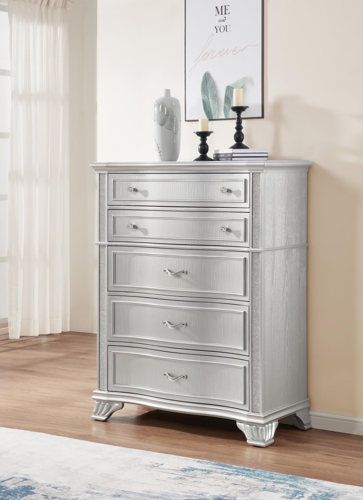 Silver Shimmer Queen Bed, Dresser, Mirror, Chest & Nightstand (B076) — view 3