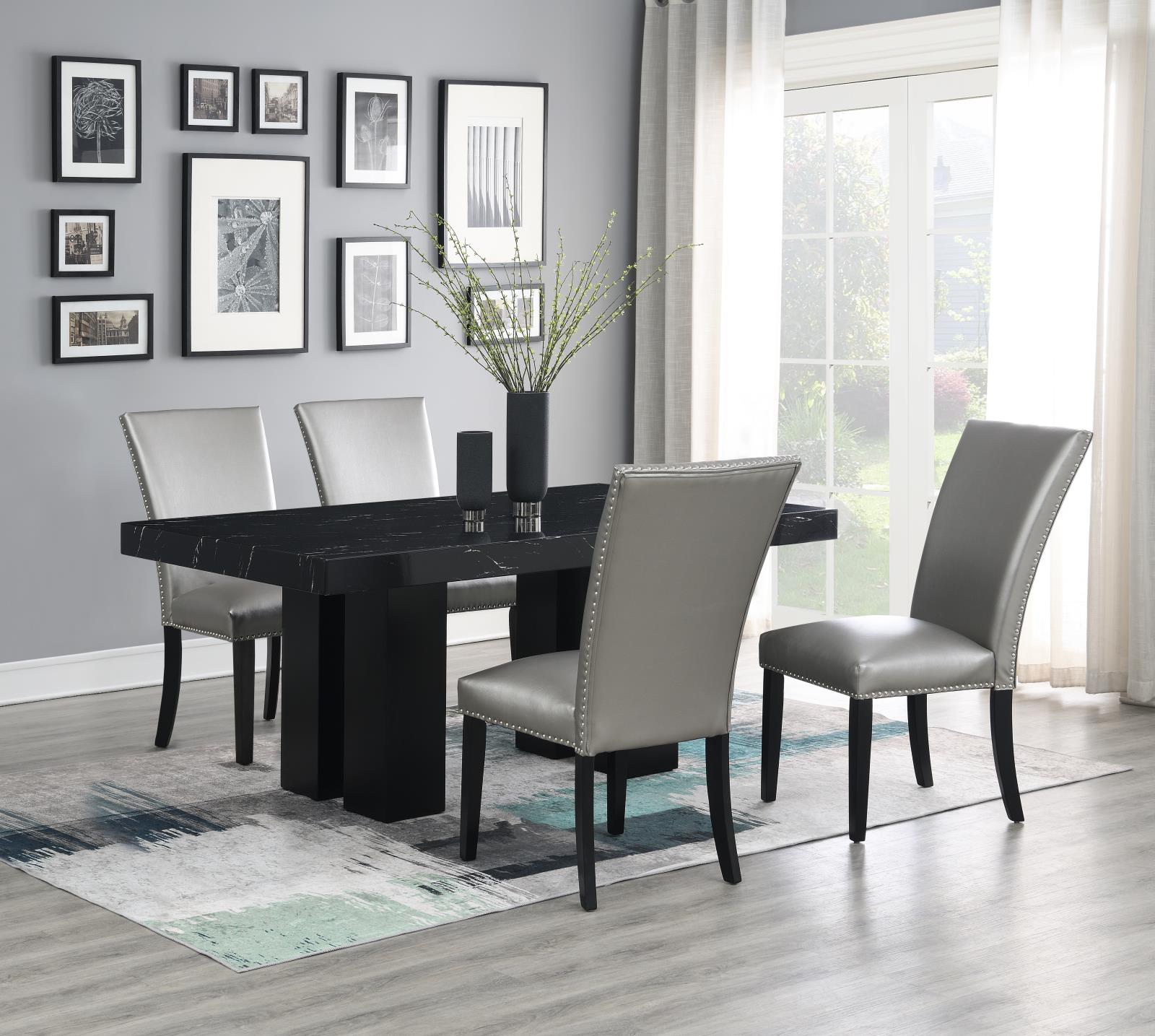 Dining Table & 4 Silver Leather Chairs (D133) — view 2
