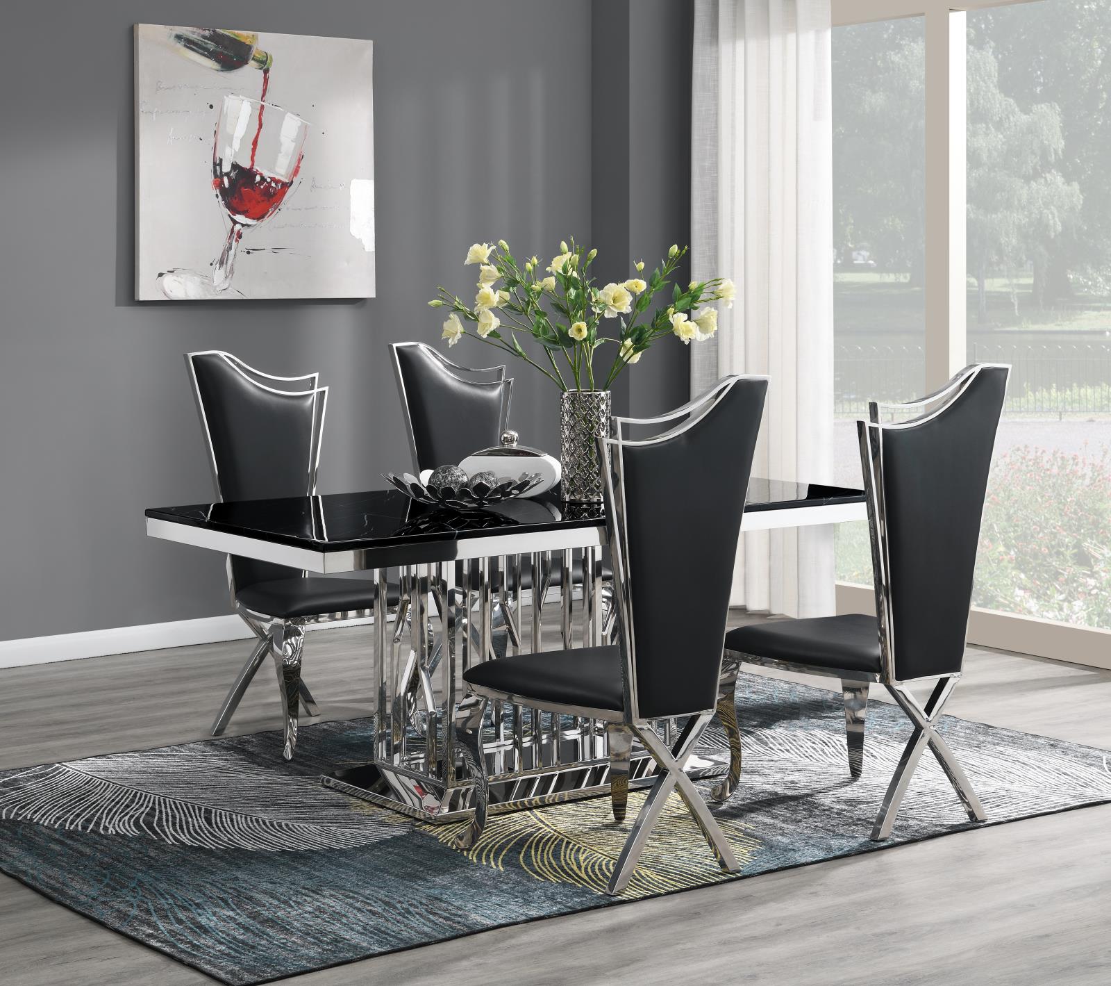 Dining Table (Black Marble) & 4 Black Leather Chairs (G-081) — view 2