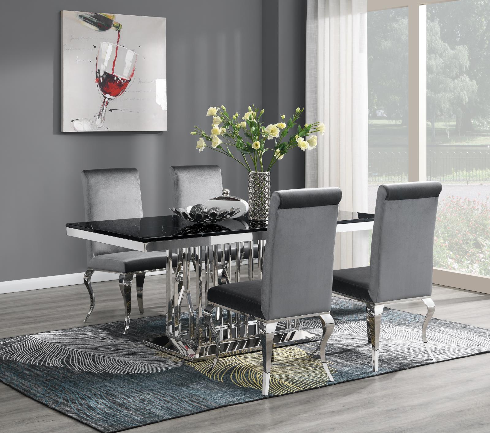 Dining Table (Black Marble) & 4 Gray Velvet Chairs (G-081) — view 2