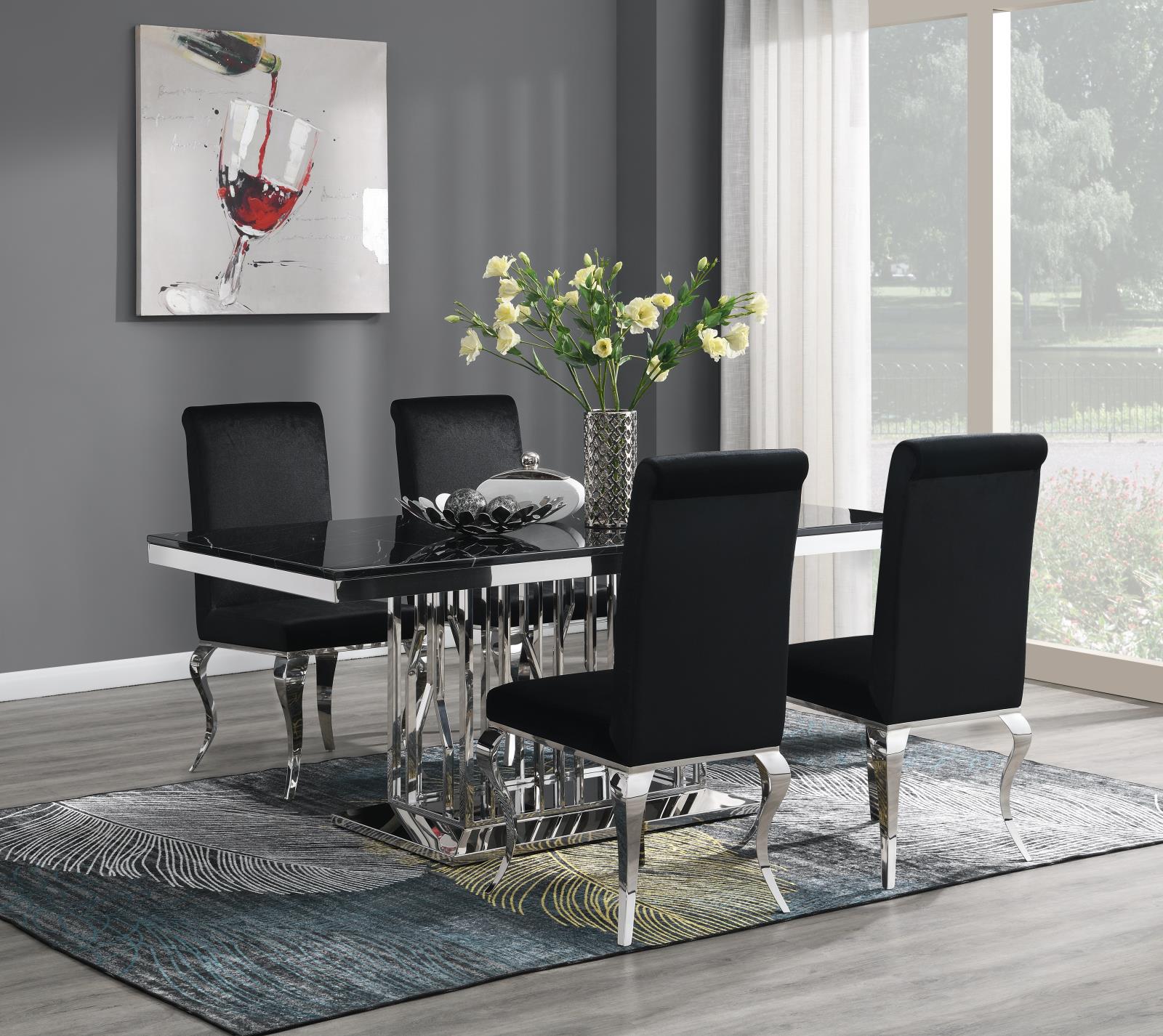 Dining Table (Black Marble) & 4 Black Velvet Chairs (G-081) — view 2