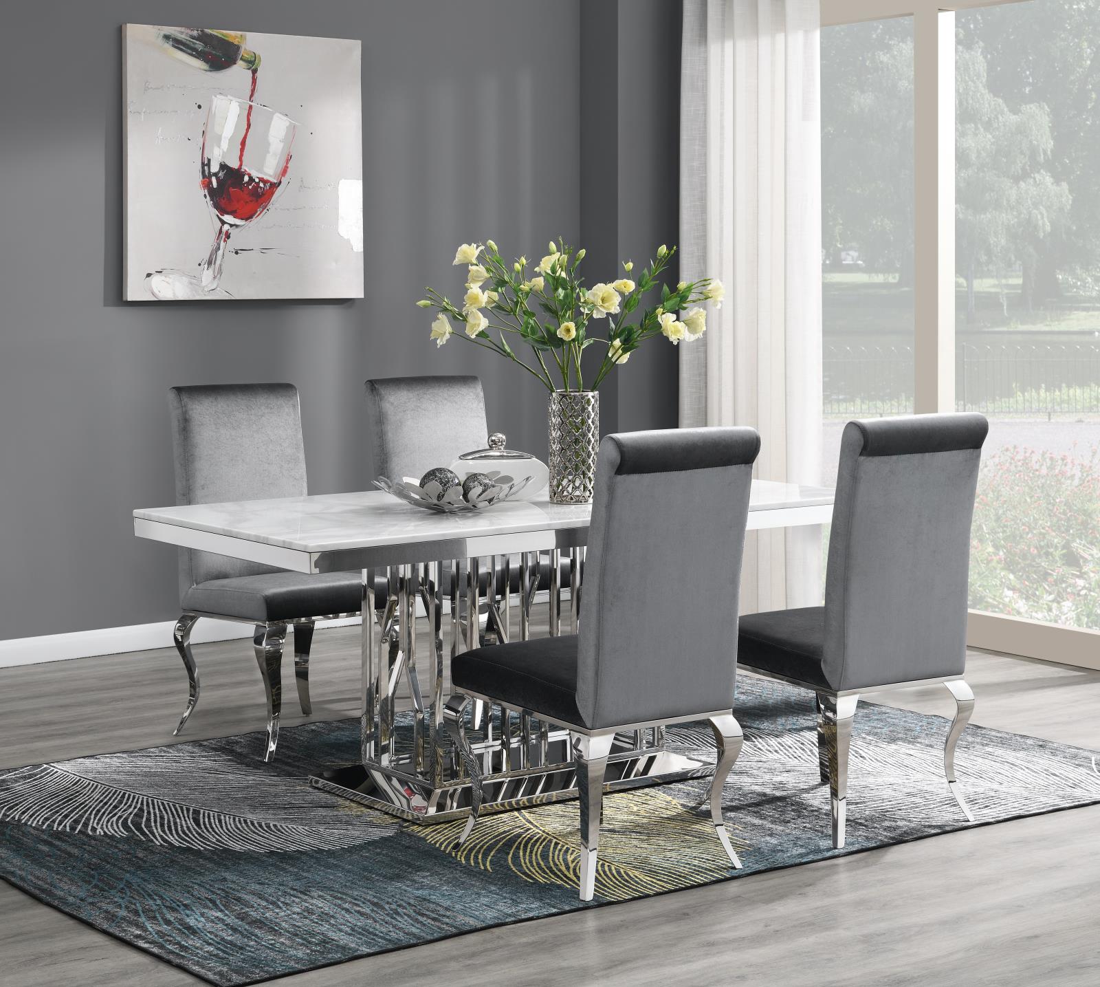 Dining Table (White Marble) & 4 Gray Velvet Chairs (G-081) — view 2