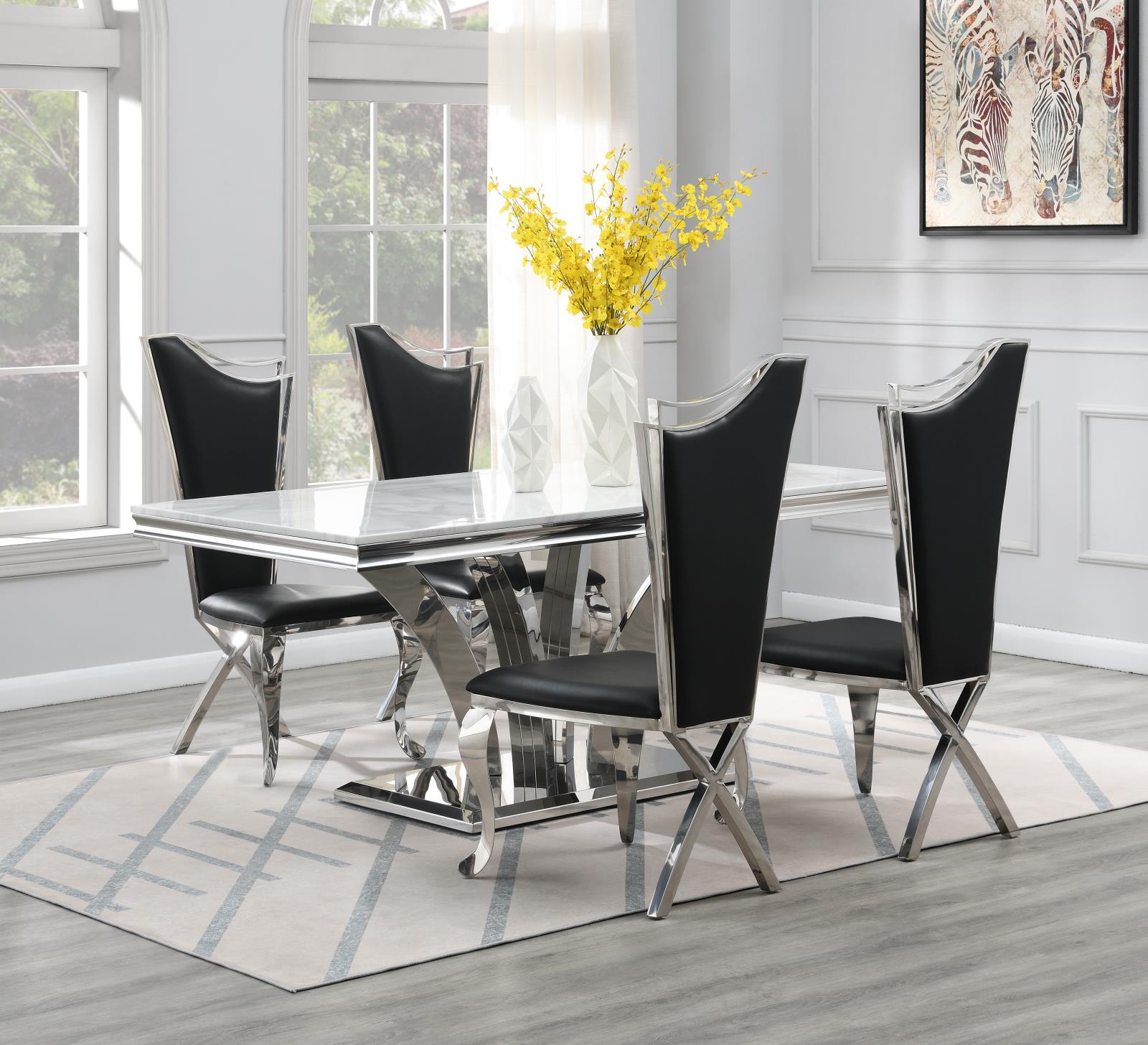Dining Table (White Marble) & 4 Black Leather Chairs (G-083) — view 2