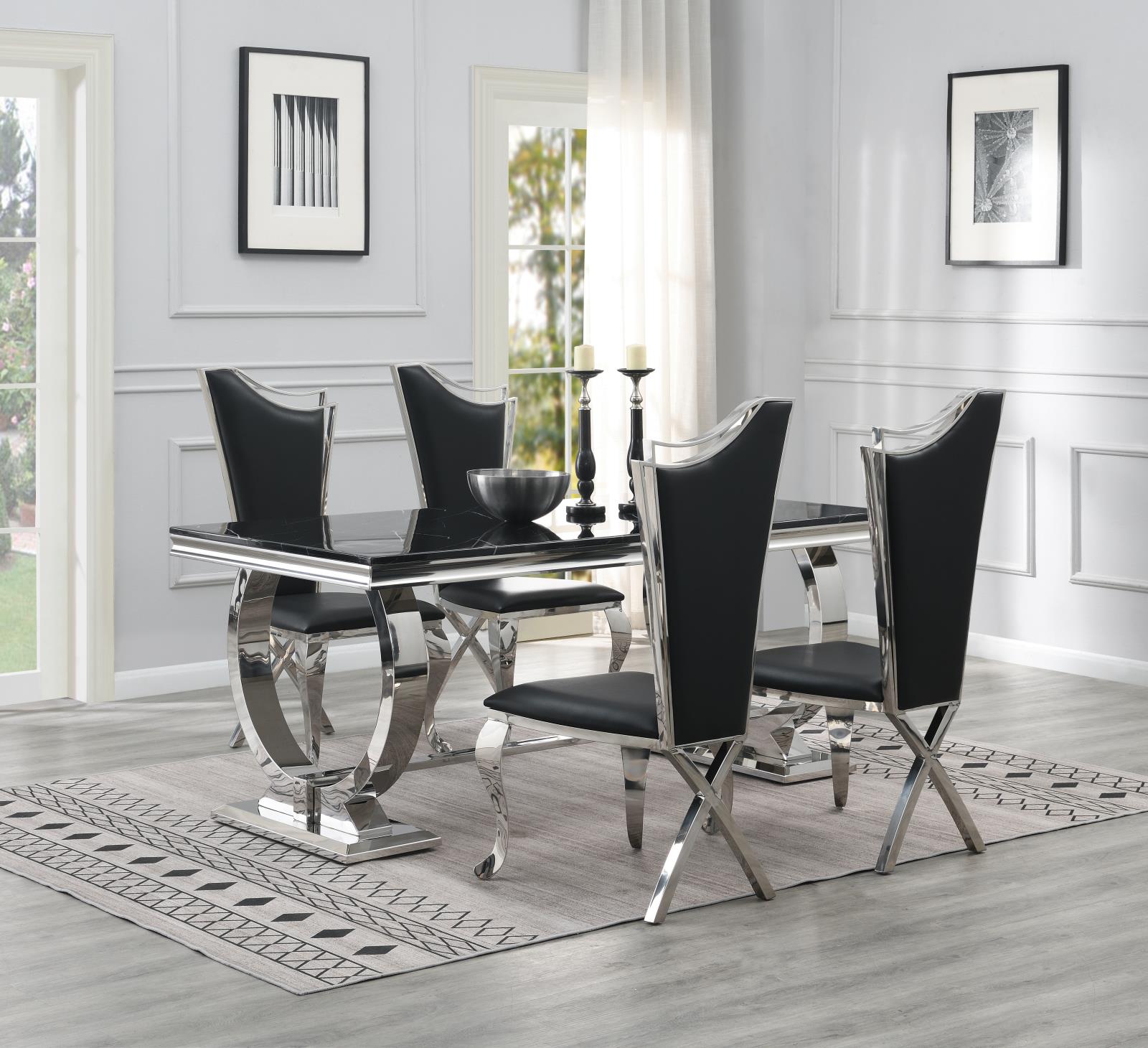 Dining Table (Black Marble) & 4 Black Leather Chairs (G-082) — view 2