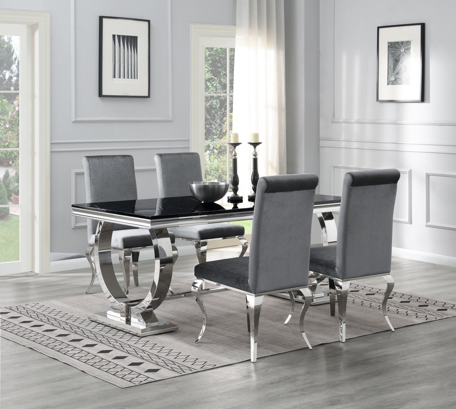 Dining Table (Black Marble) & 4 Gray Velvet Chairs (G-082) — view 2