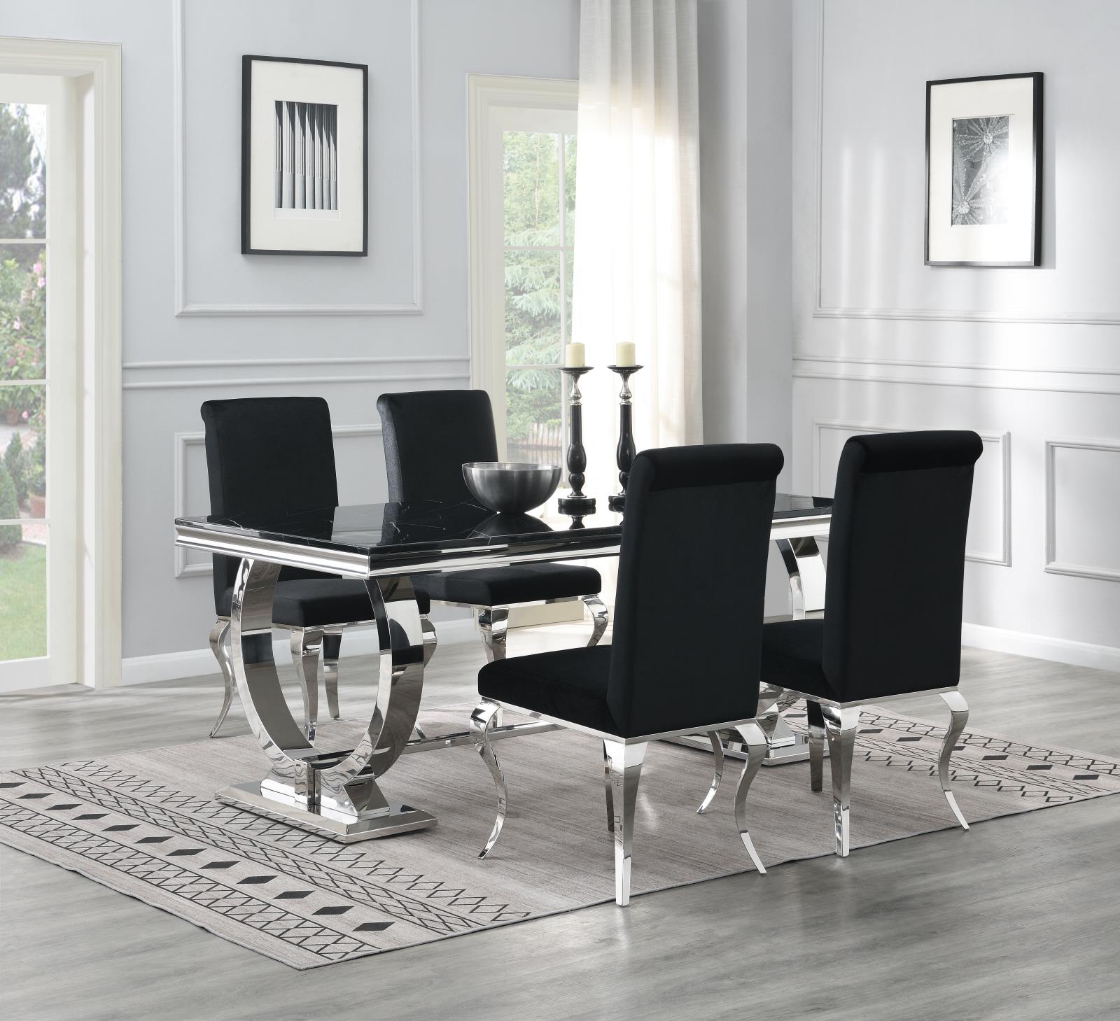 Dining Table (Black Marble) & 4 Black Velvet Chairs (G-082) — view 2