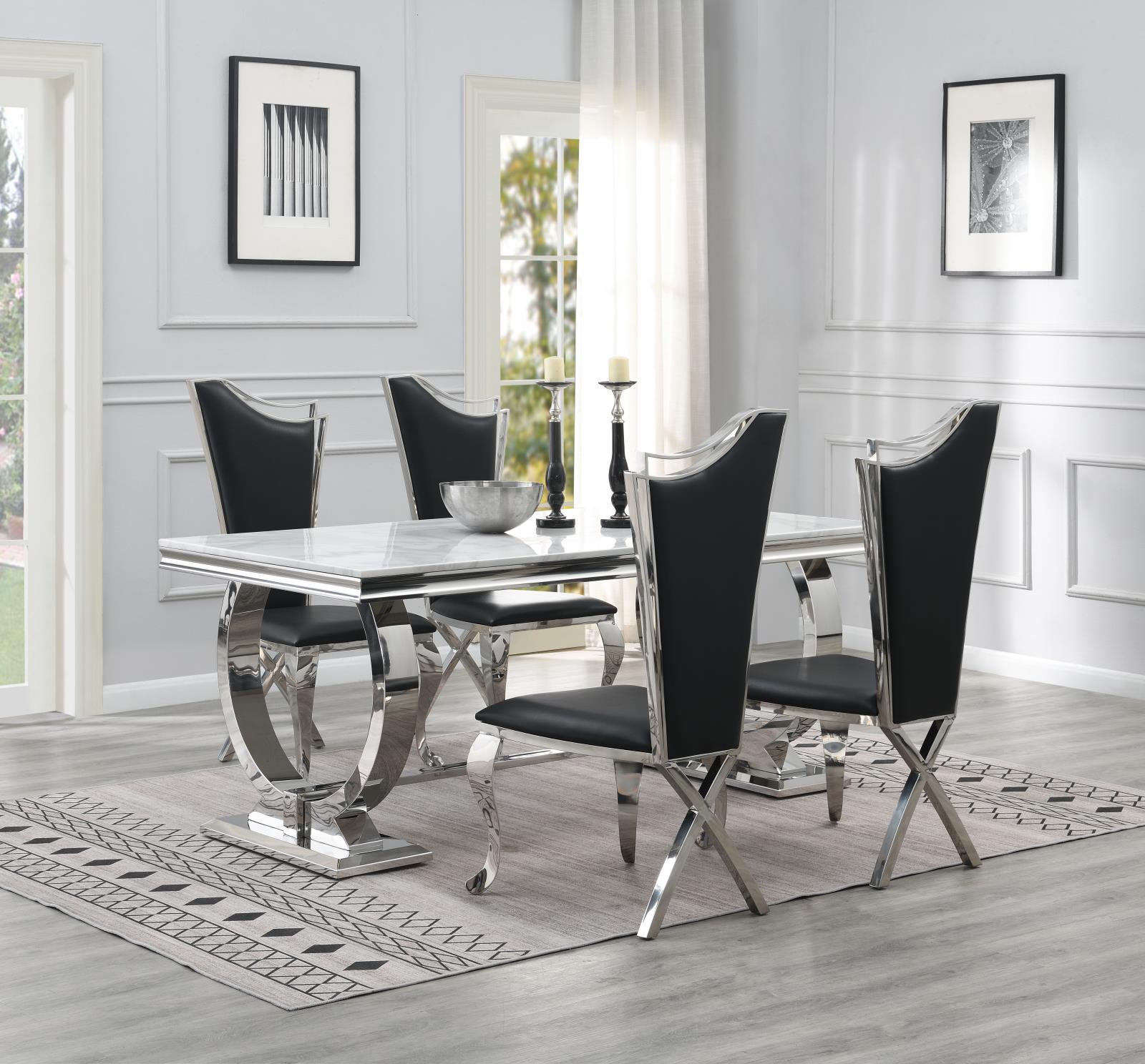 Dining Table (White Marble) & 4 Black Leather Chairs (G-082) — view 2