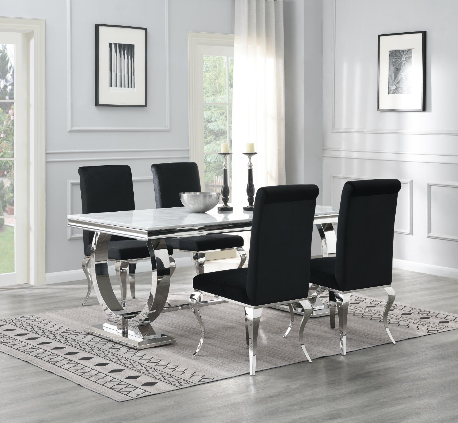 Dining Table (White Marble) & 4 Black Velvet Chairs (G-082) — view 2