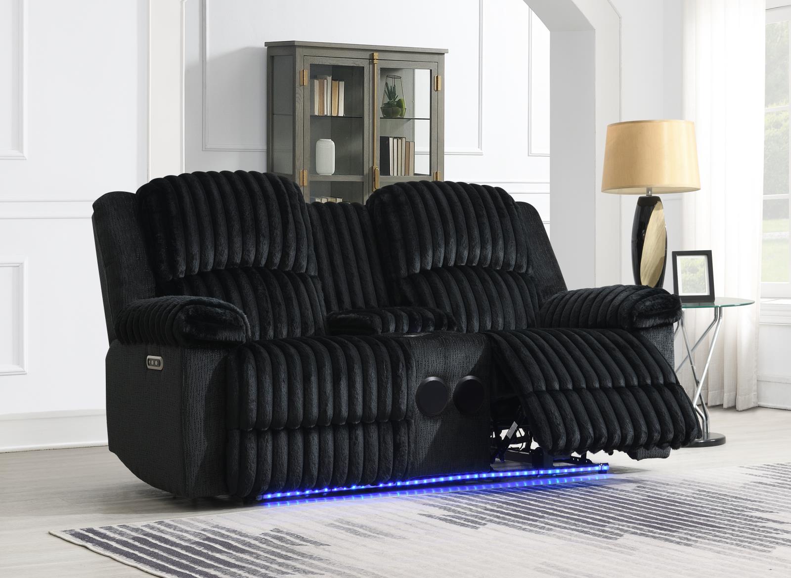 Black Corduroy Power LED Reclining Loveseat with Bluetooth Speaker (U161)