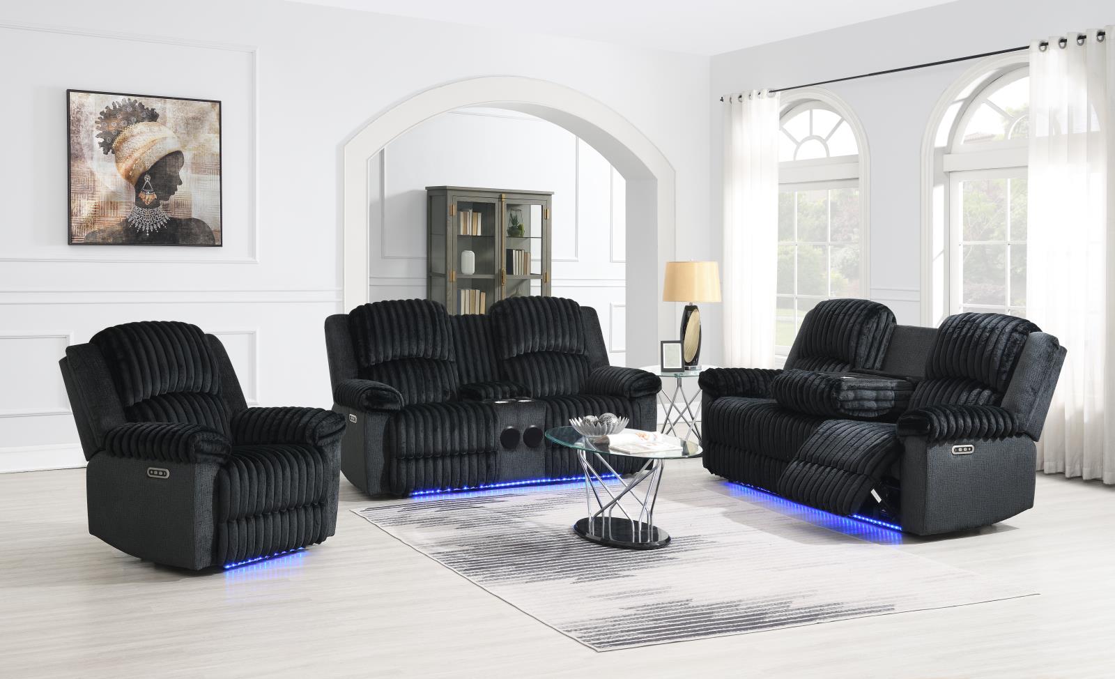 Black Corduroy Power LED Reclining Sofa (U161) — view 2