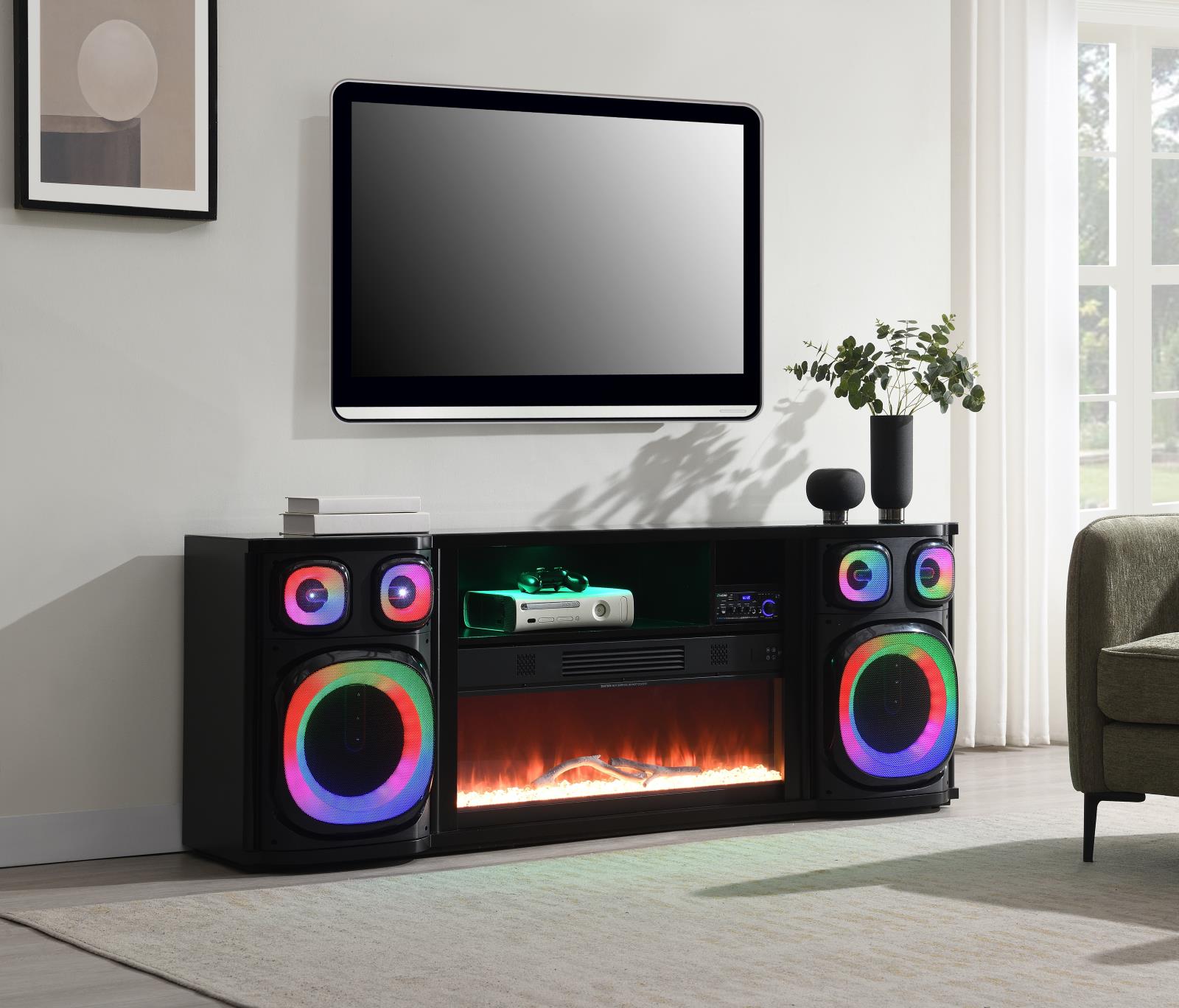 Black Fireplace TV Stand with Bluetooth Speaker (W029)