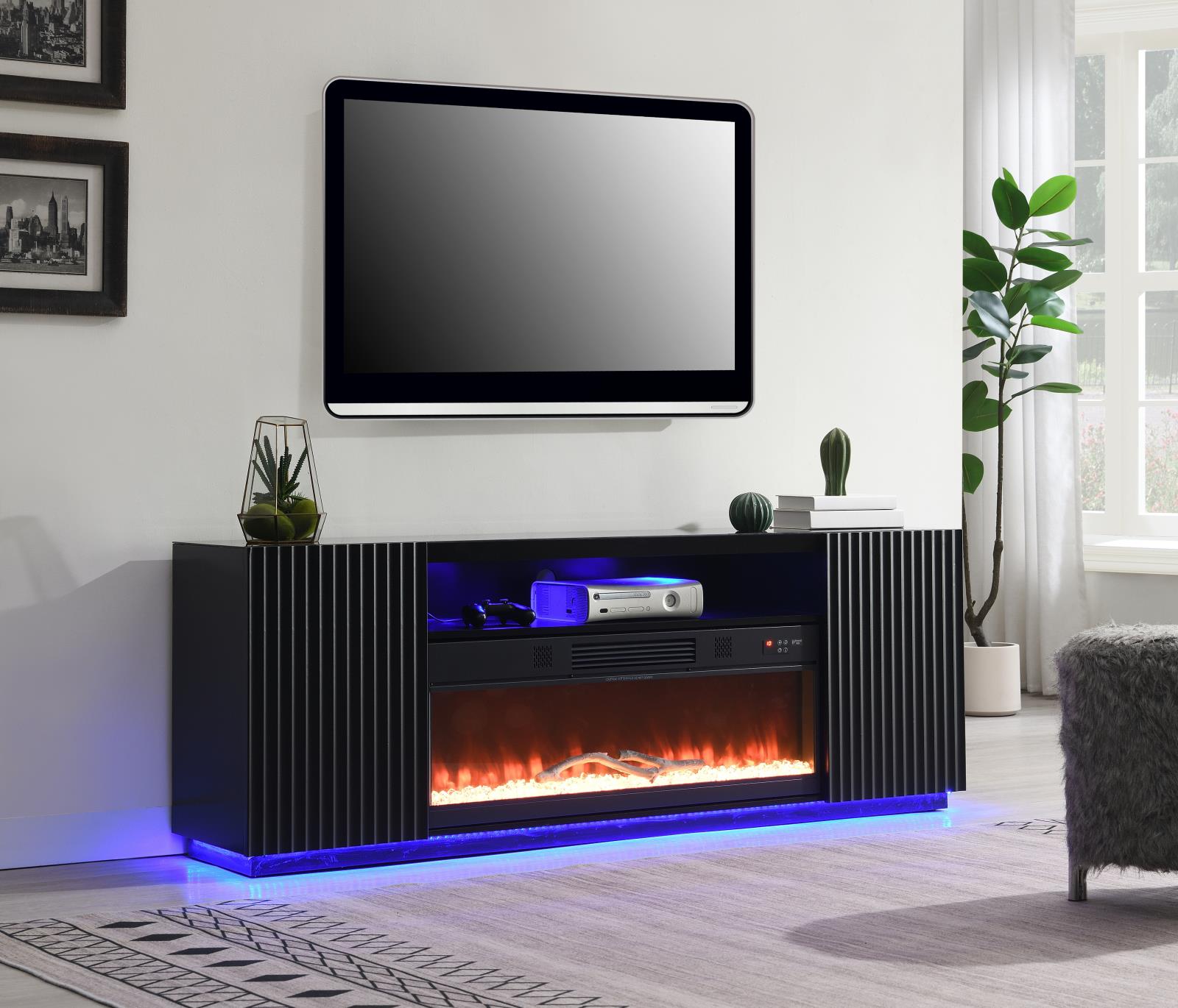 Black Fireplace TV Stand with Bluetooth Speaker (W038)