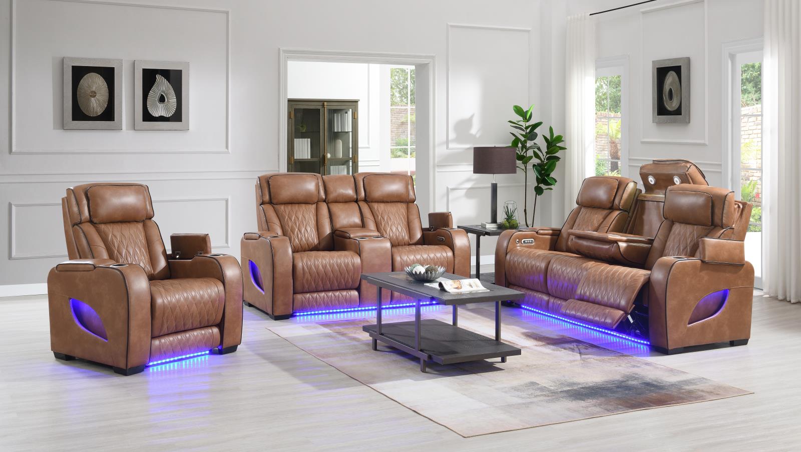 Brown Power Reclining Sofa, Loveseat & Chair (U72)