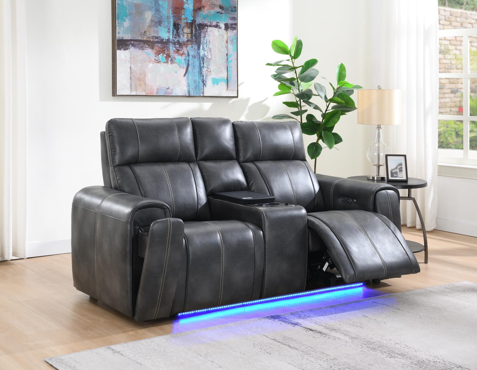 Dark Gray Power Reclining Loveseat with Console and Fridge (U66)