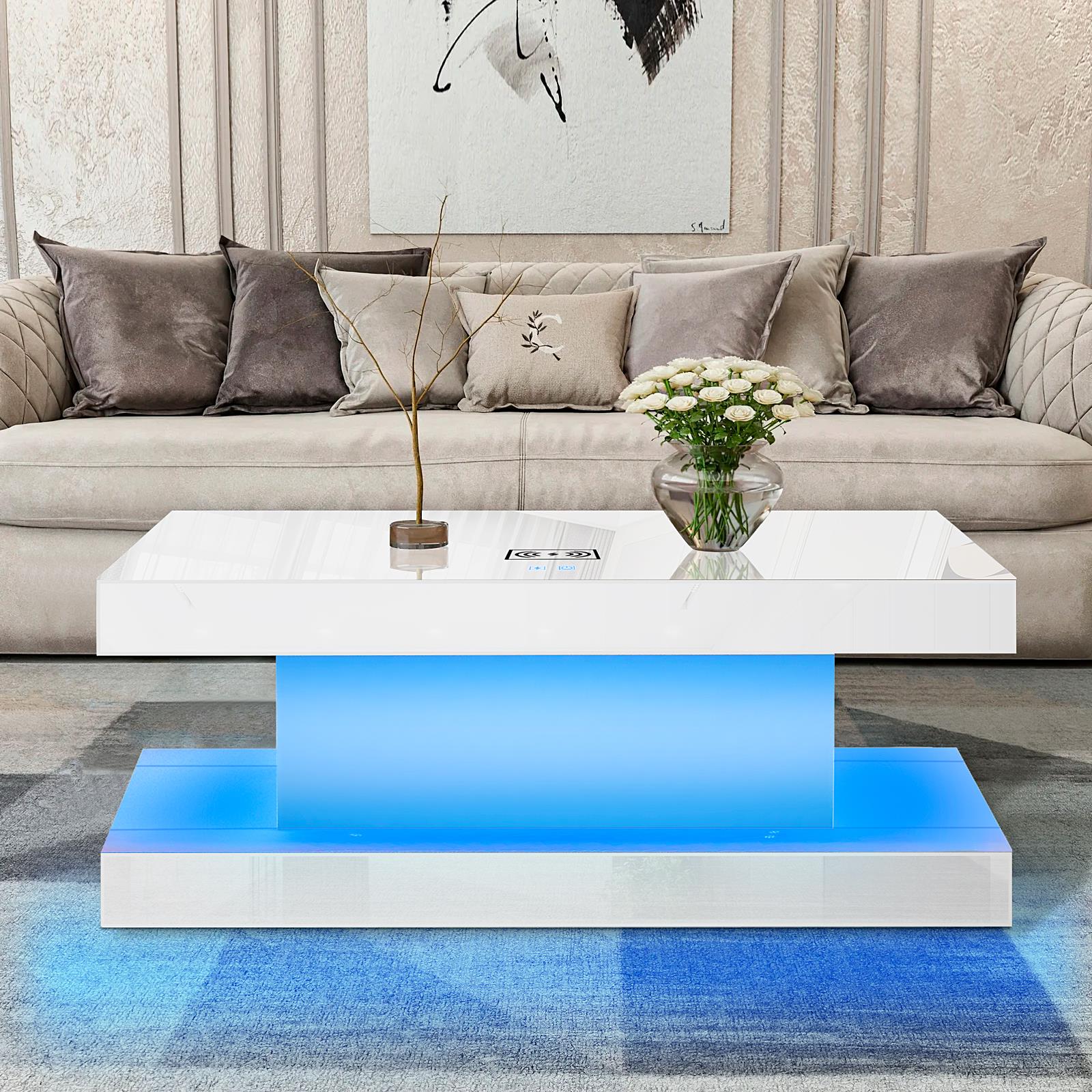 White Coffee Table with 7 Color LED, Bluetooth Speaker