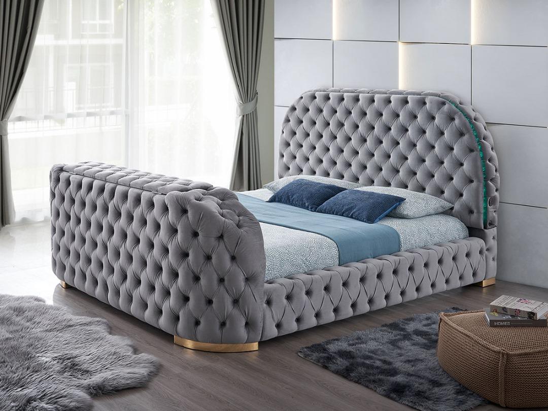 Gray King Size TV Bed with 7 Color Fireplace, LED Headboard