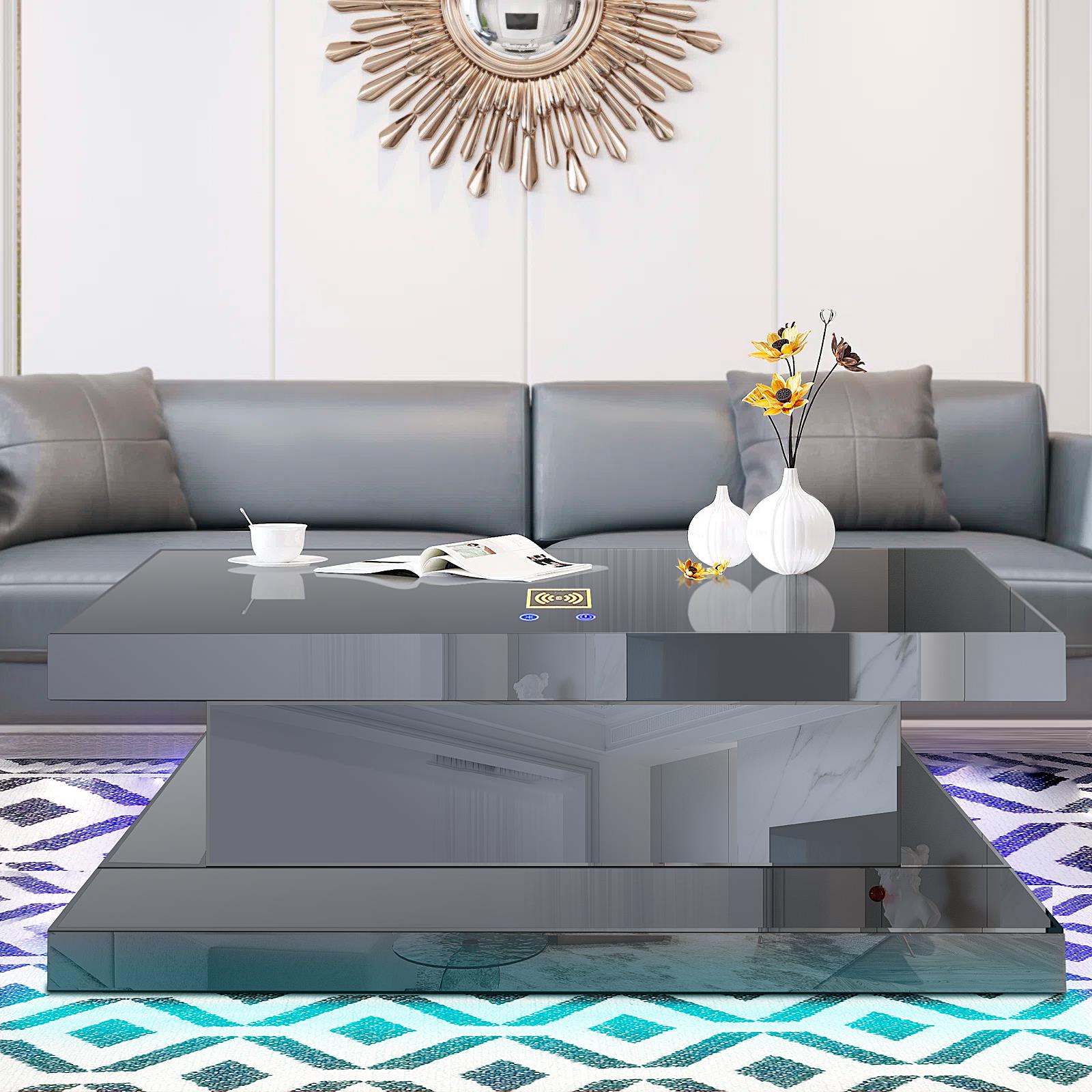 Gray Coffee Table with 7 Color LED, Bluetooth Speaker