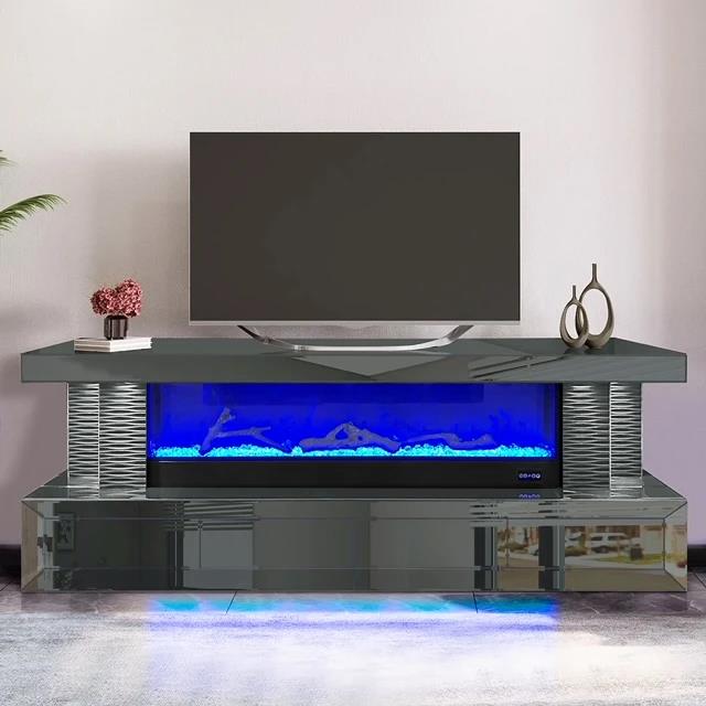 Gray TV Stand Fireplace with Drawers, RGB Downlights