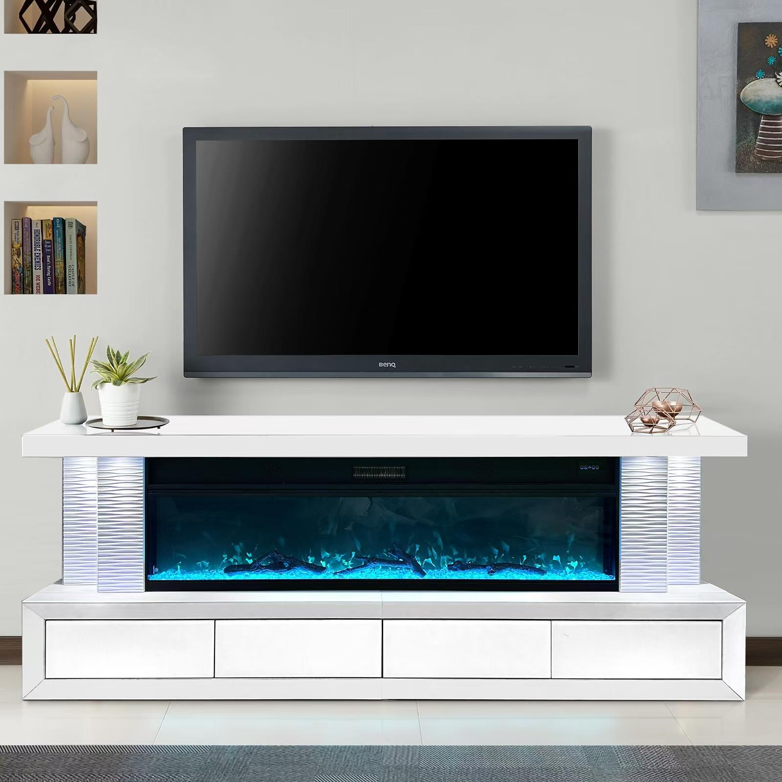 White TV Stand Fireplace with Drawers, RGB Downlights