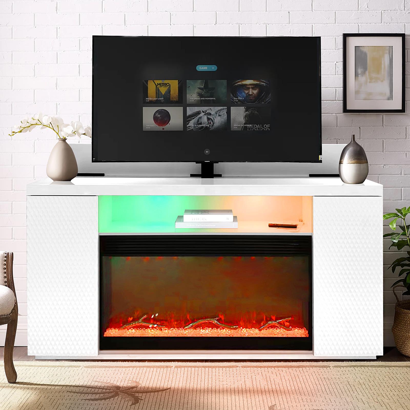 Modern White TV Stand with LED Lights, Bluetooth Fireplace