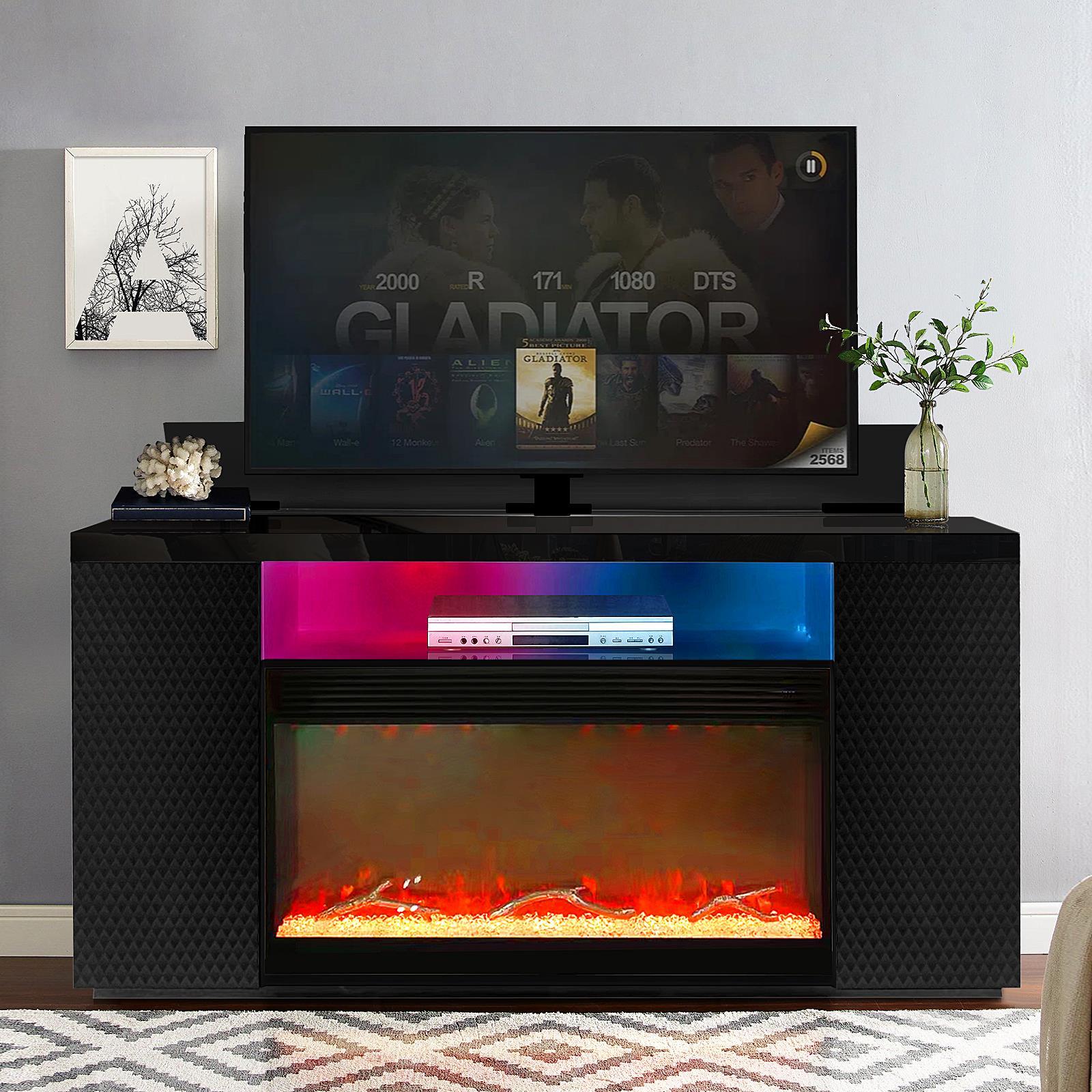 Modern Black TV Stand with LED Lights, Bluetooth Fireplace