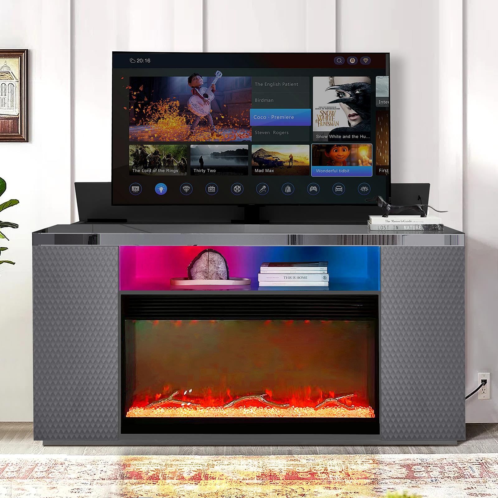 Modern Gray TV Stand with LED Lights, Bluetooth Fireplace