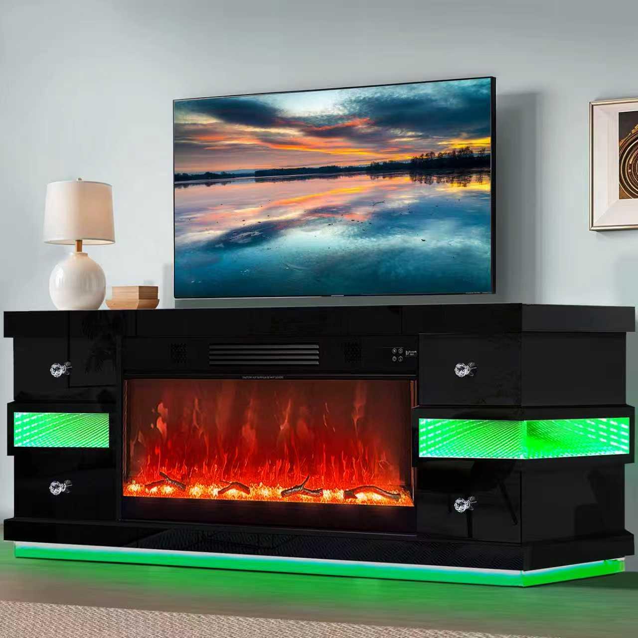 Modern Black TV Stand with Drawers, LED Changing Lights