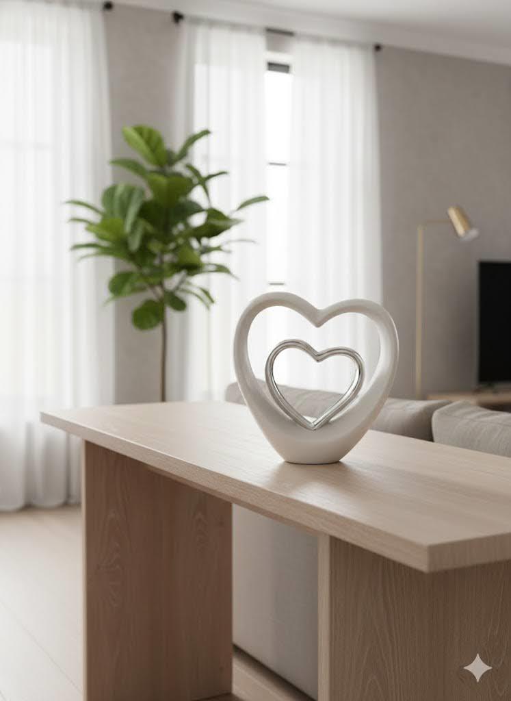 Heart Decor Ceramic Modern Heart Statue White + Silver
