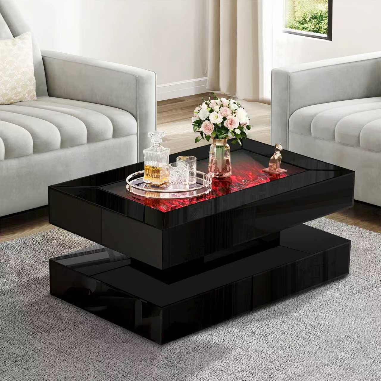Black Coffee Table with Fireplace 7 Color LED & Bluetooth