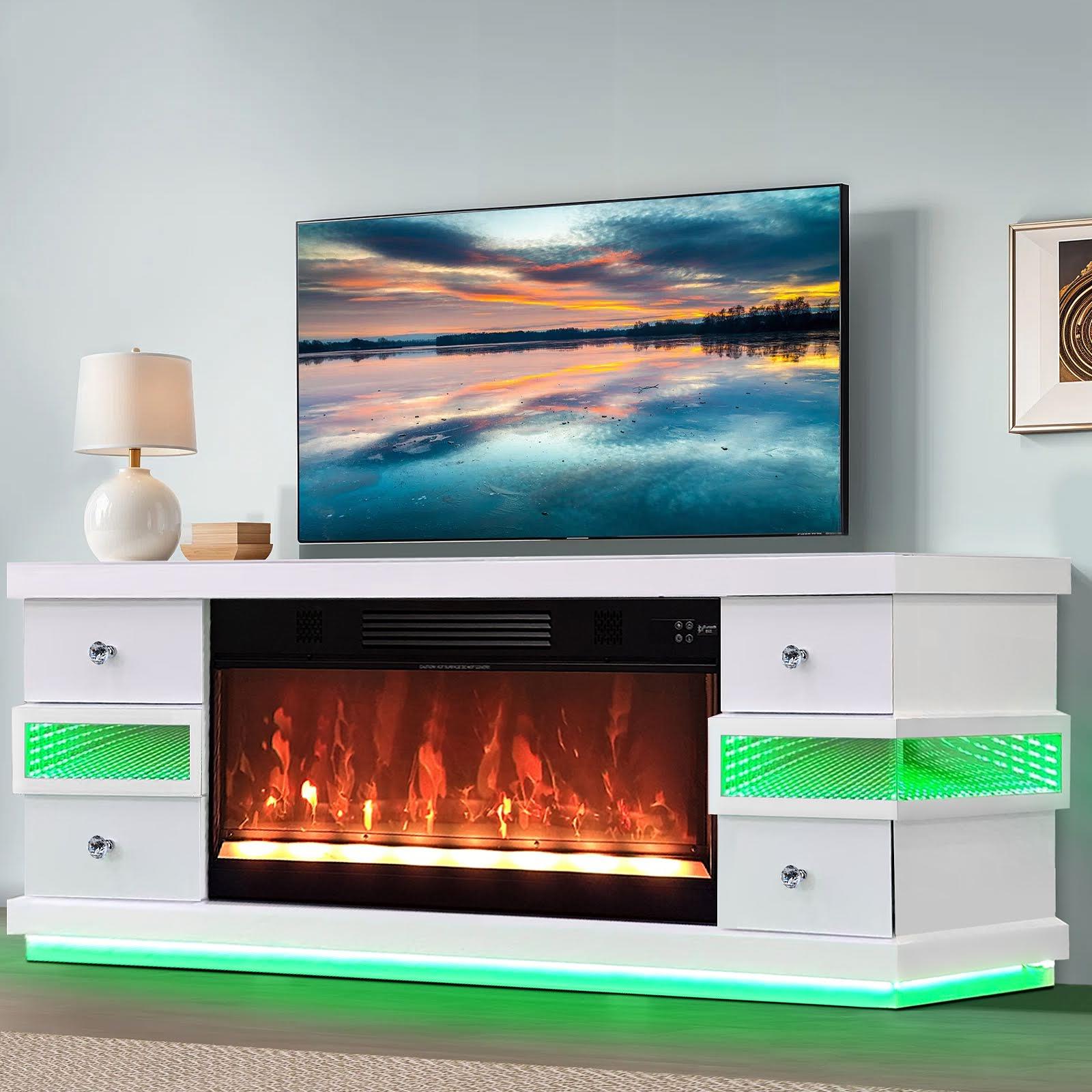 Modern White TV Stand with Drawers, LED Changing Lights