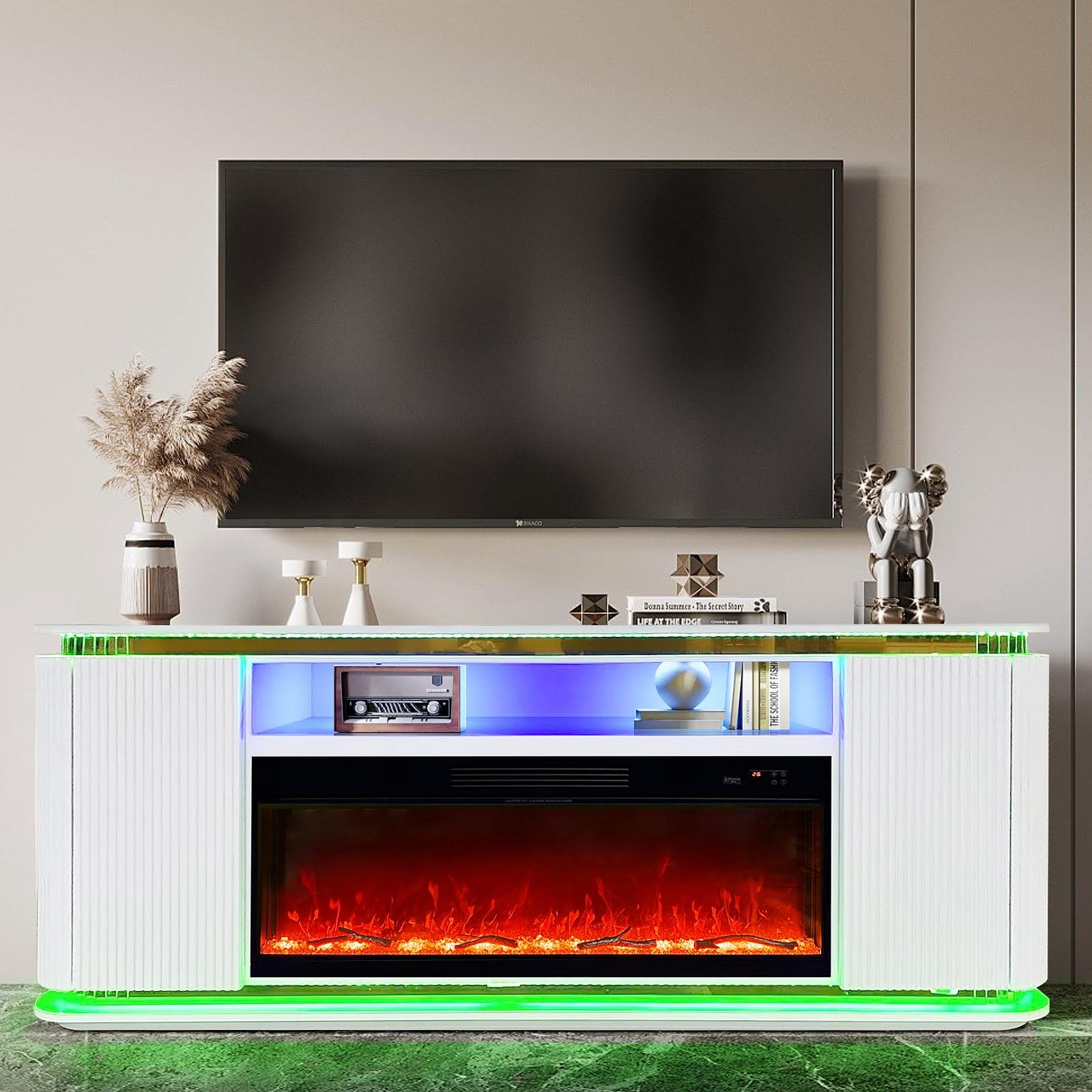 Modern White TV Stand with Drawers, LED Lights