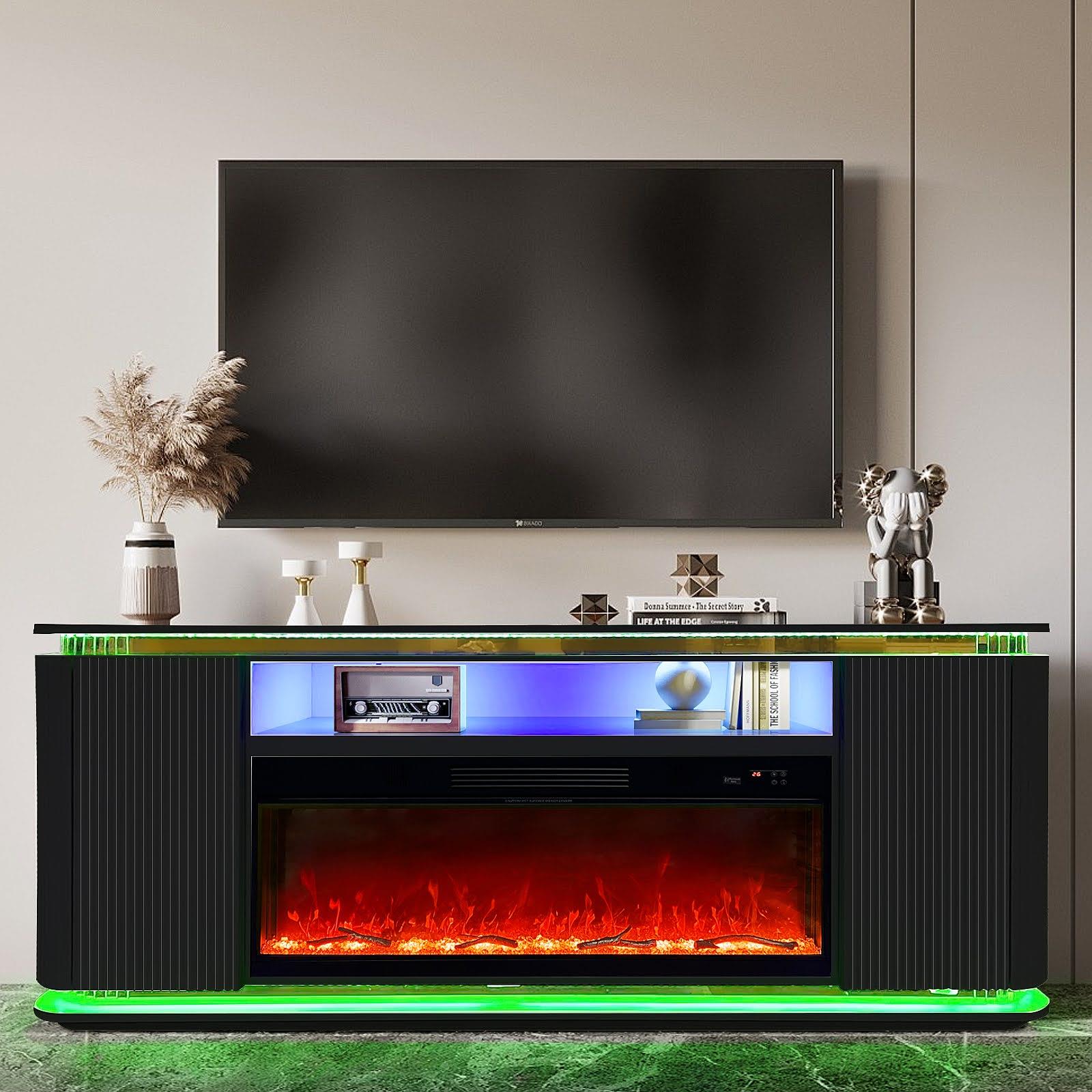 Modern Black TV Stand with Drawers, LED Lights