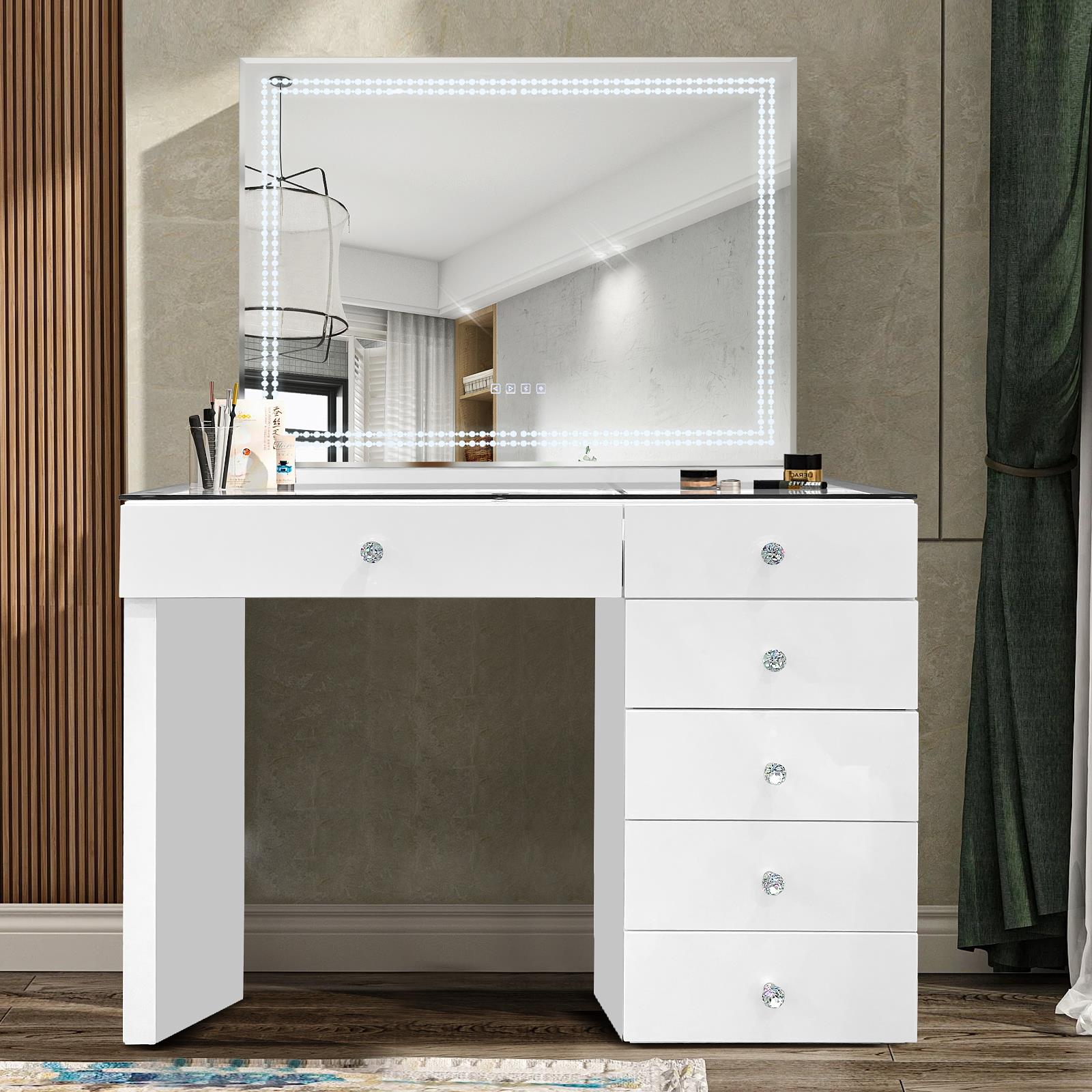 White Luxe Glow 6-Drawer LED Vanity with Crystal Knobs