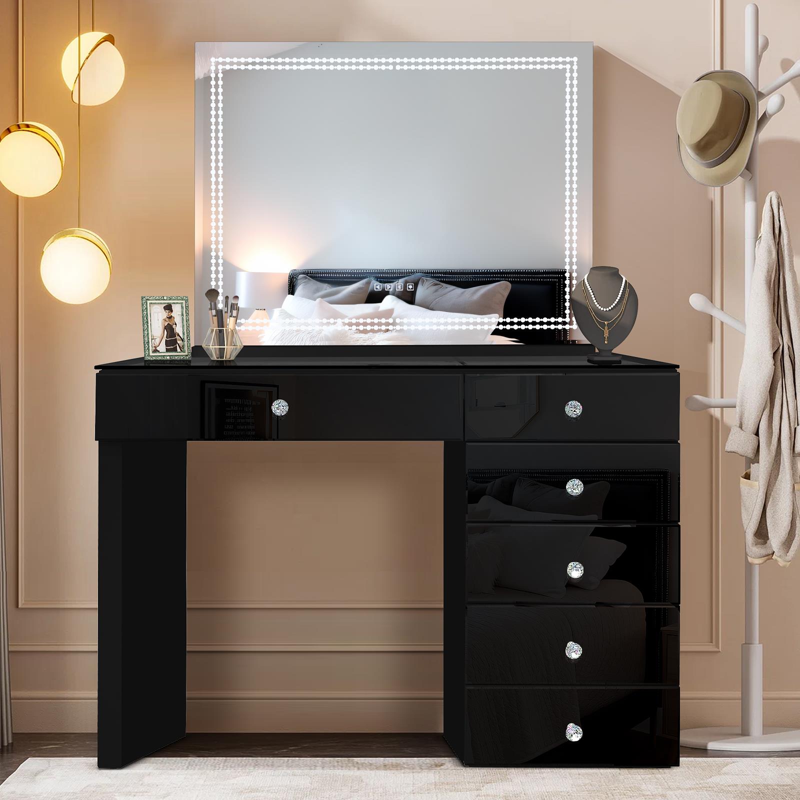 Black Luxe Glow 6-Drawer LED Vanity with Crystal Knobs