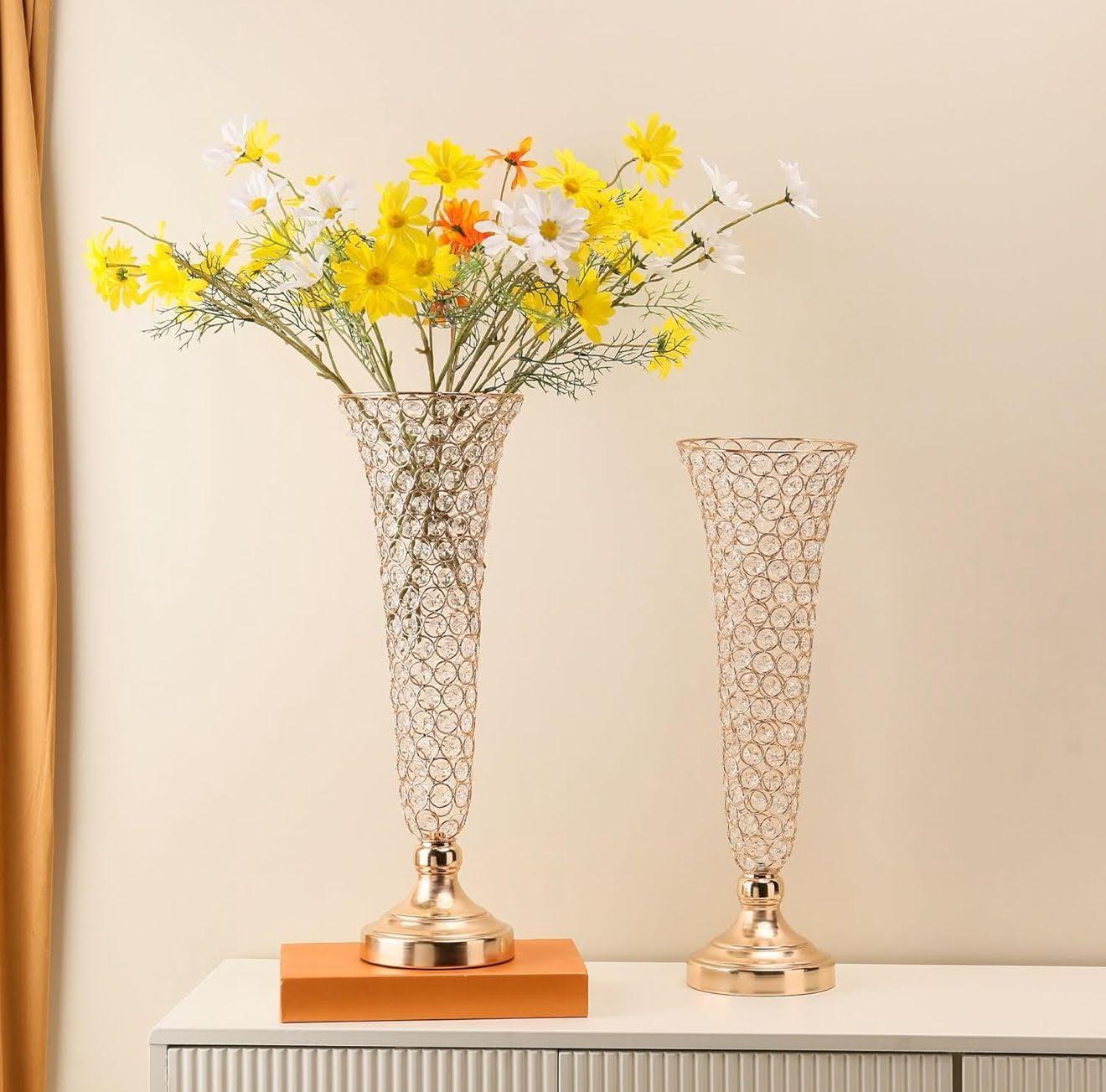 Gold Beaded Crystal Trumpet Vase